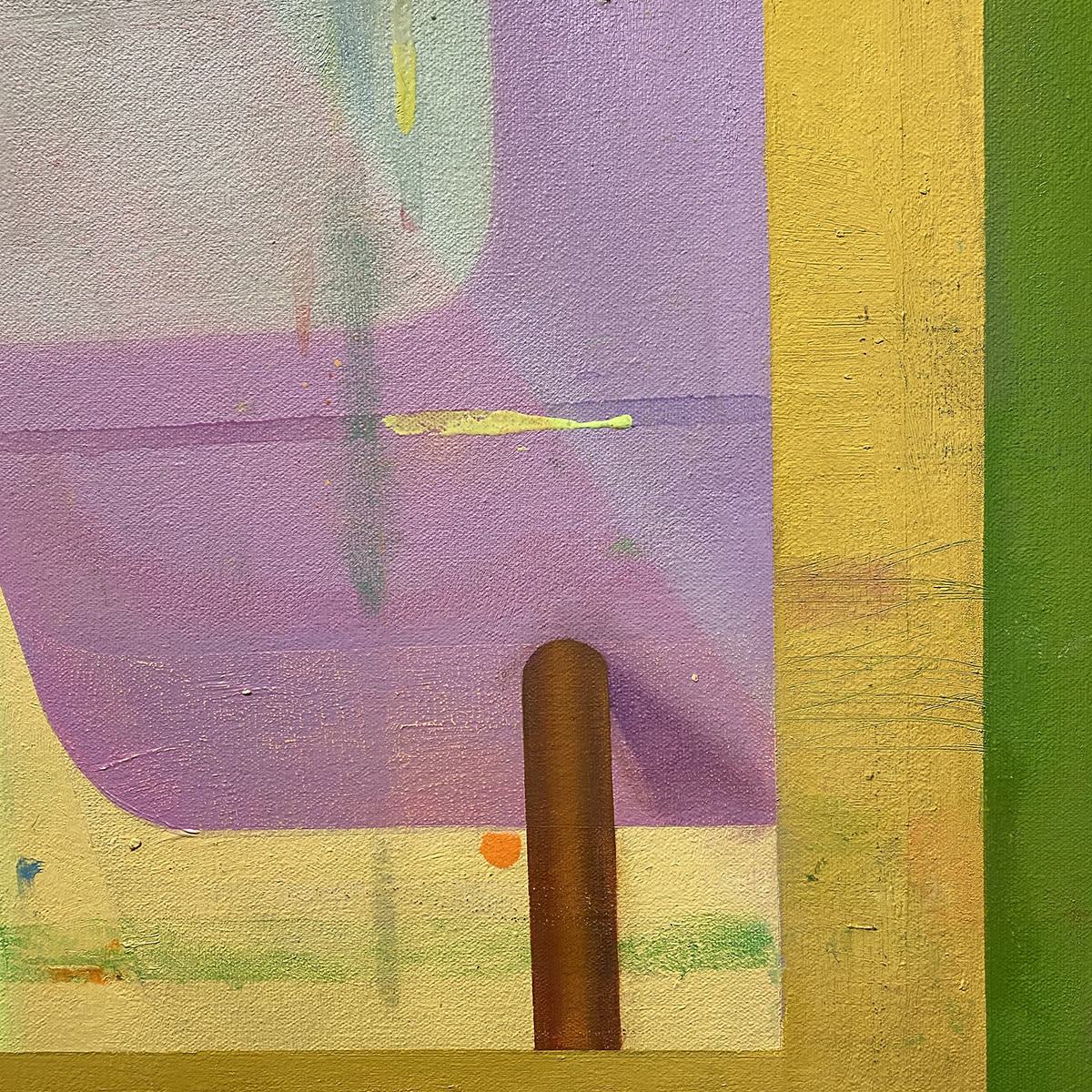 abstract painting with bold geometry and bright pinks, greens, yellows, and purple