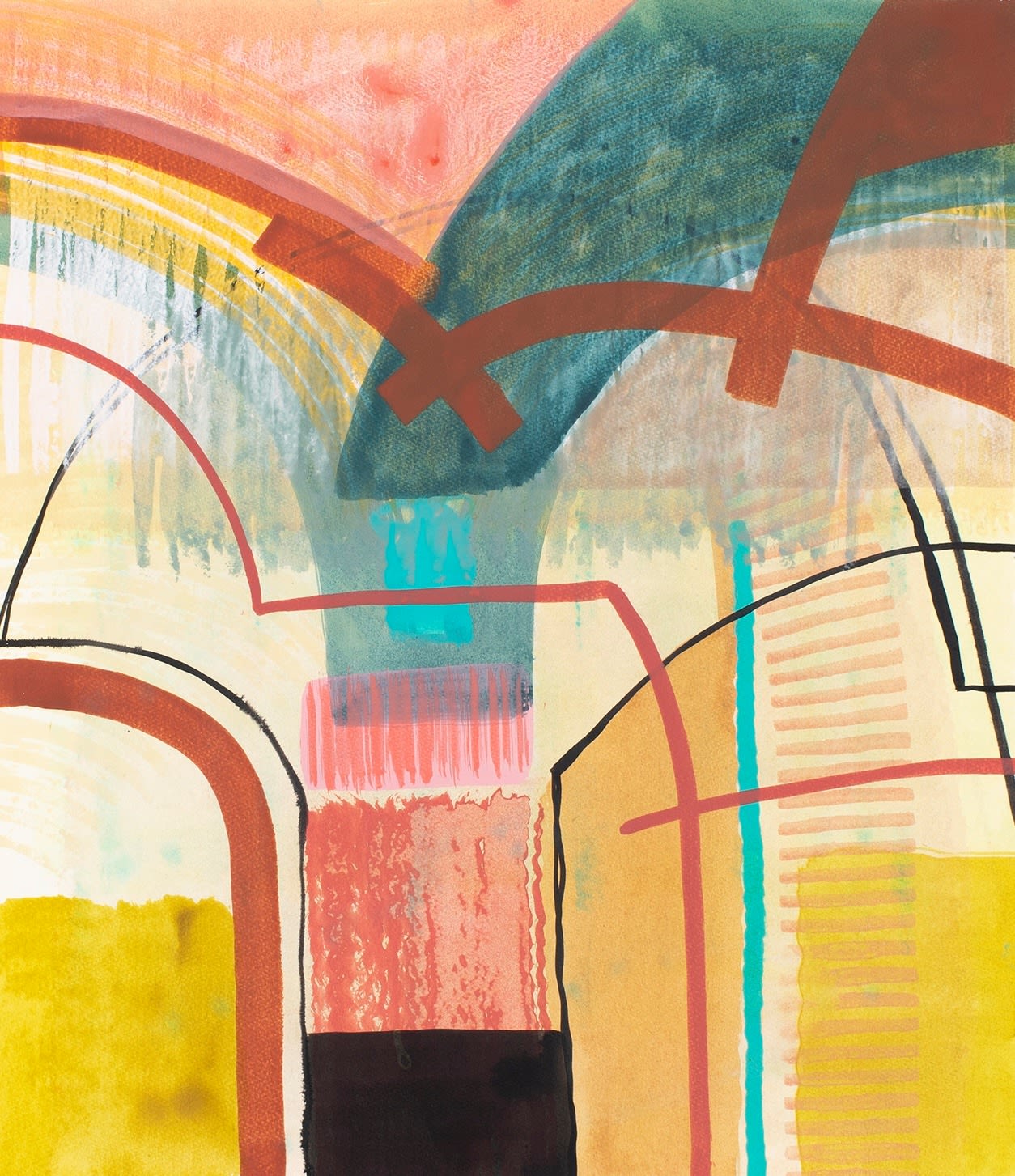 abstract painting in blocks of yellow, white, and red transparent layers. There are more solid red and blue green lines on the surface.