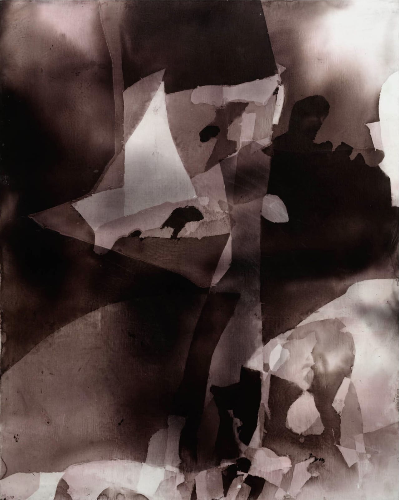 abstract painting with layered shapes of deep brown / maroon to bright white