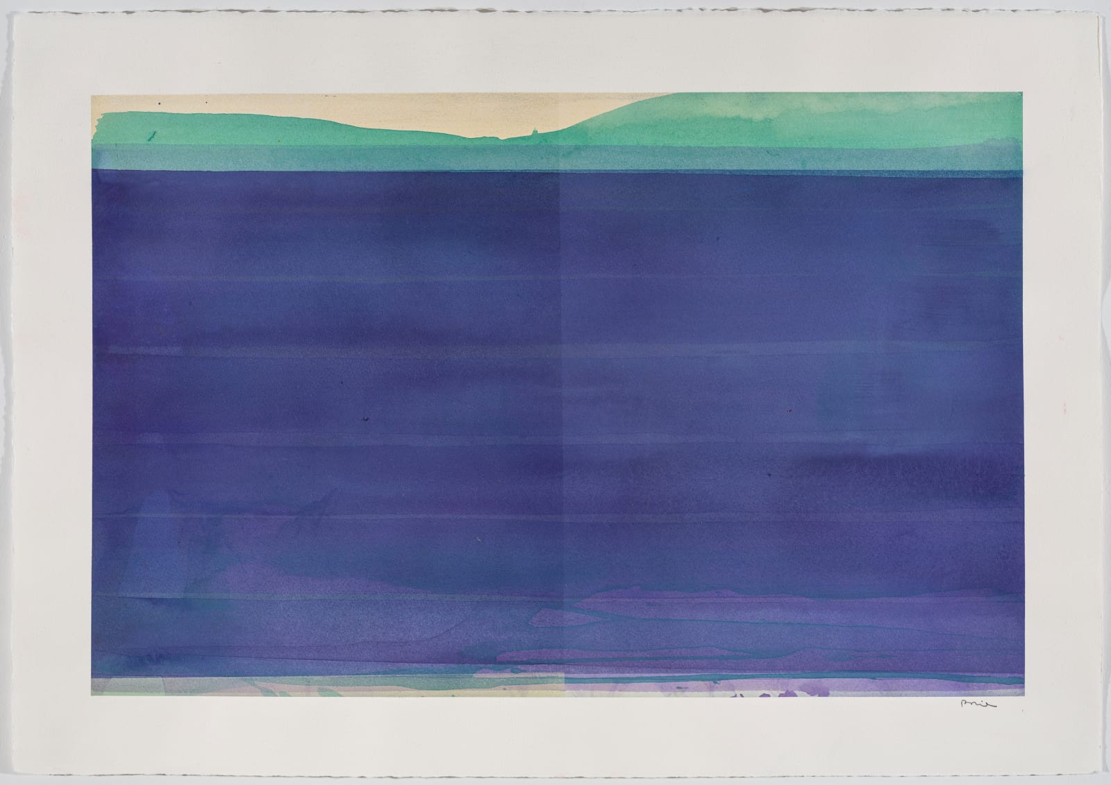 abstract purple painting with turquoise and yellow strip at top