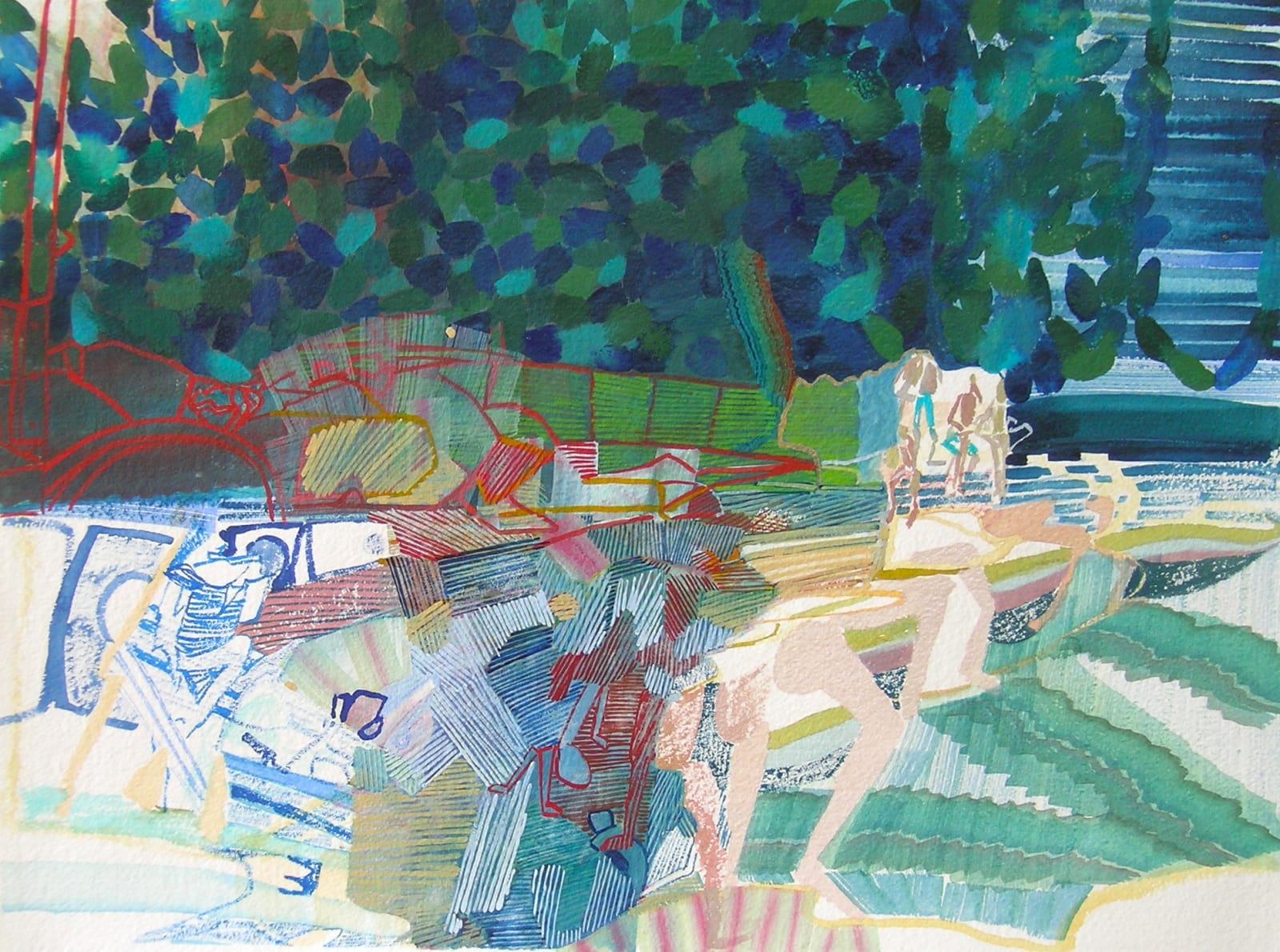 compositionally dense abstract painting with blue green and red