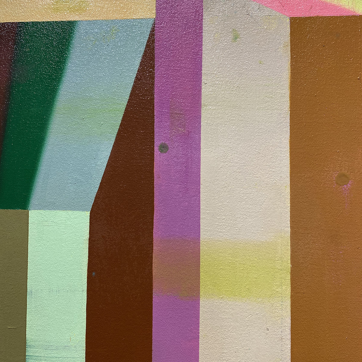 abstract painting with bold geometry and bright pinks, greens, yellows, and purple