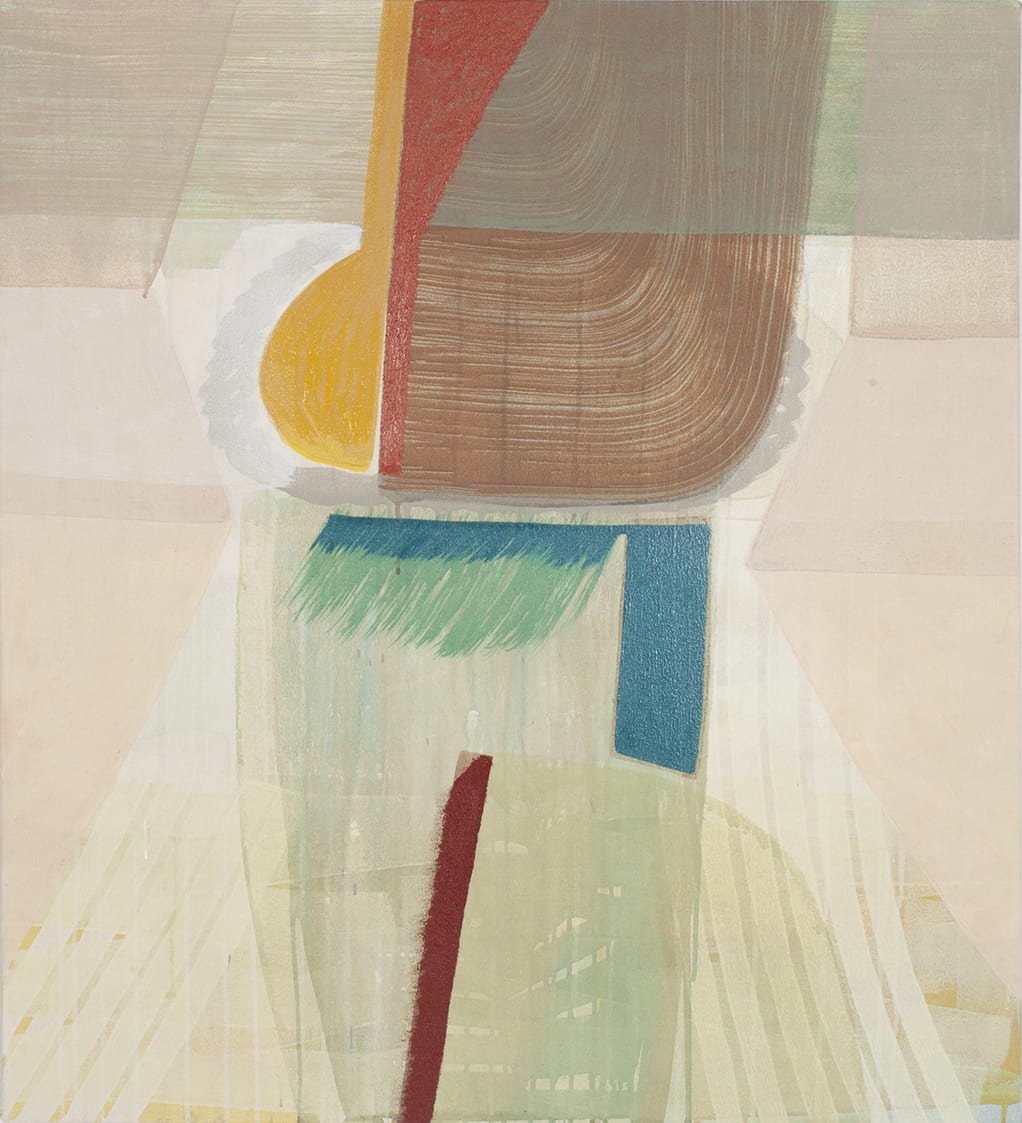 abstract painting with rough brushstrokes and bold shapes in red, blue, yellow, and brown