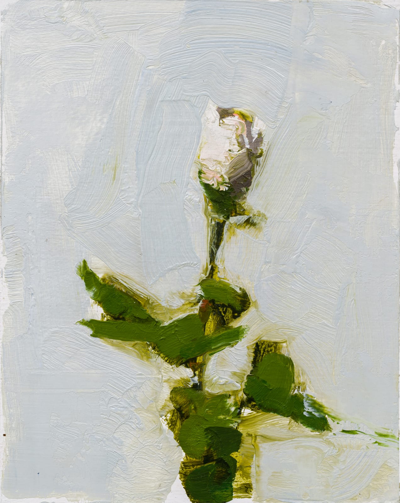painting of impressionistic white flower with green leaves on a white background