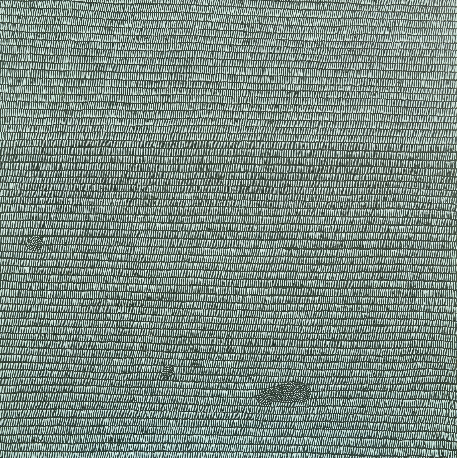 abstract painting with many rows of white lines layered on dark green background