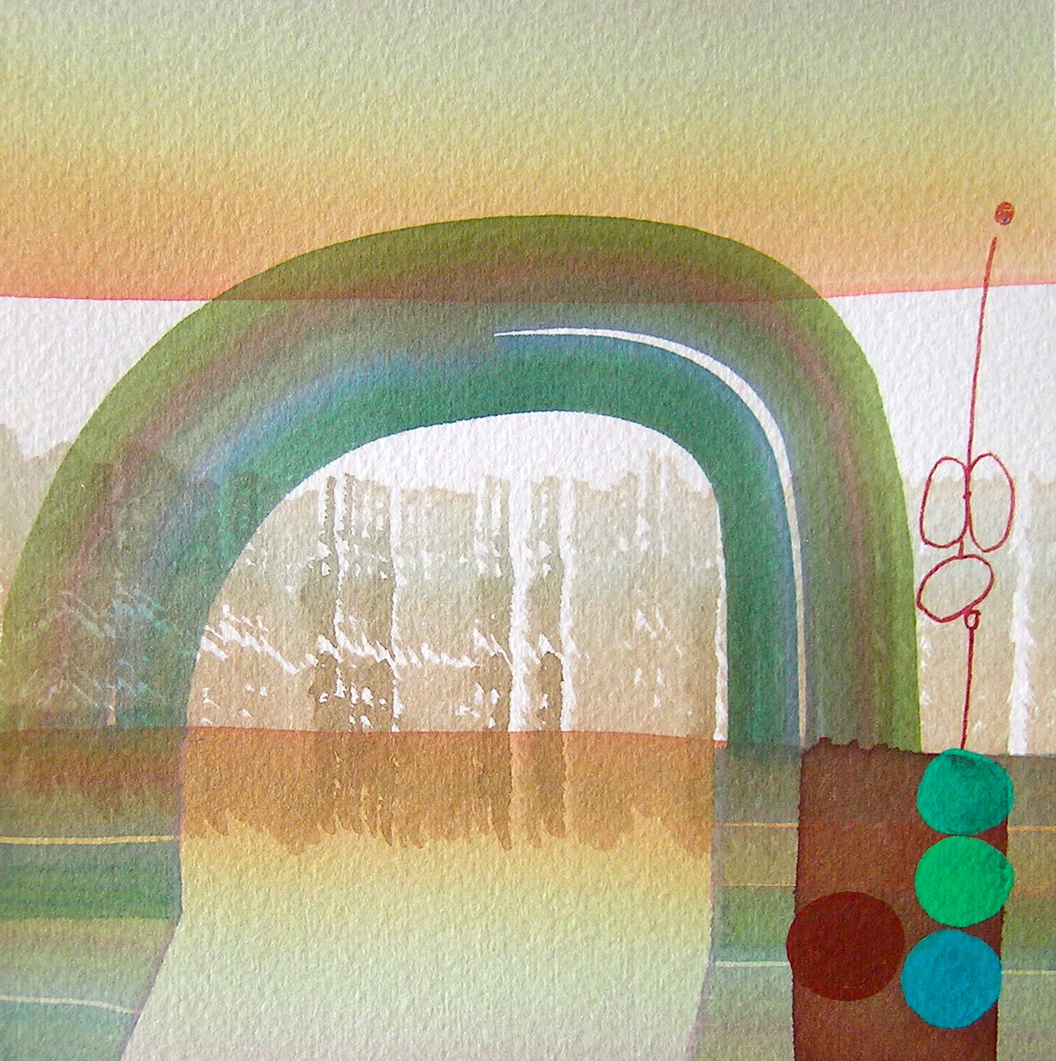 Abstract painting of boxy forms, with a muted rainbow like shape over them. There are smaller, more intricate shapes in the bottom right.