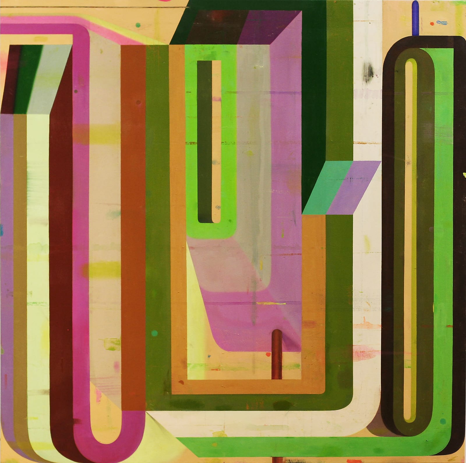 abstract painting with bold geometry and bright pinks, greens, yellows, and purple