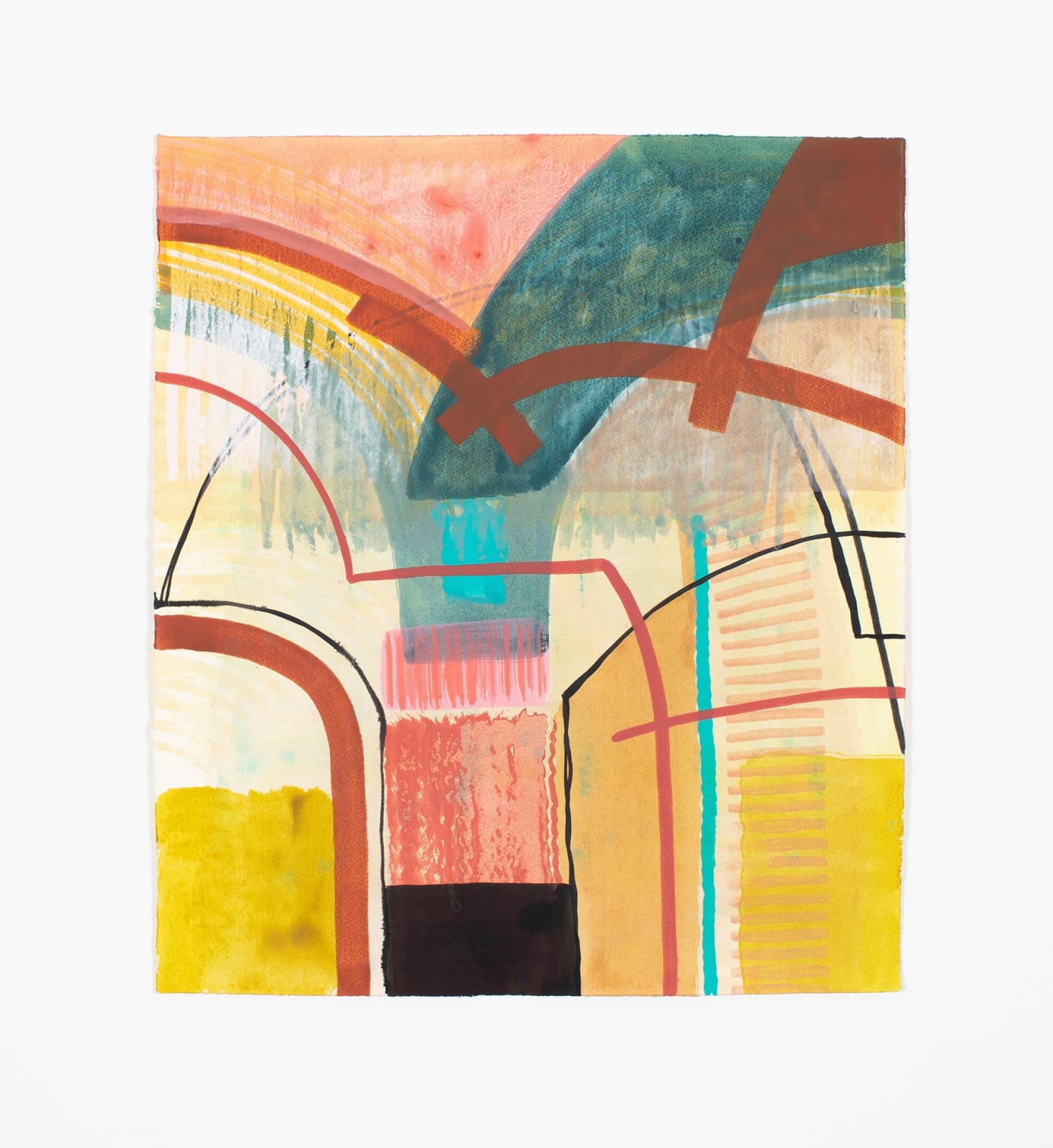 abstract painting in blocks of yellow, white, and red transparent layers. There are more solid red and blue green lines on the surface.