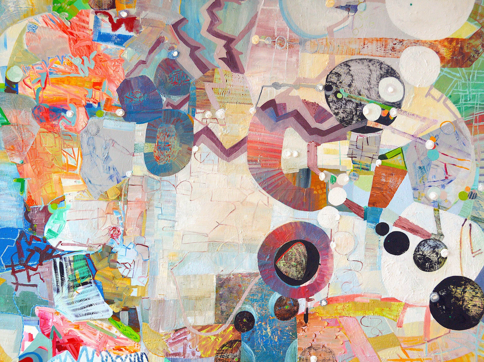 Chaotic abstract painting with a center of pastel colors. The left border is made up of more vivid colors, and there are several circular forms on the left half of the painting.