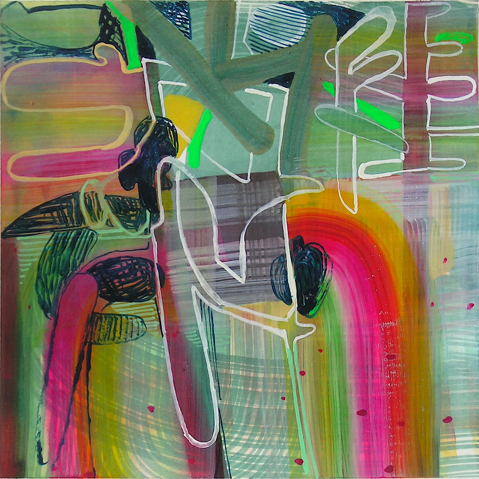 Abstract painting in saturated pink and green shapes. There is a light, cool blue background colors.