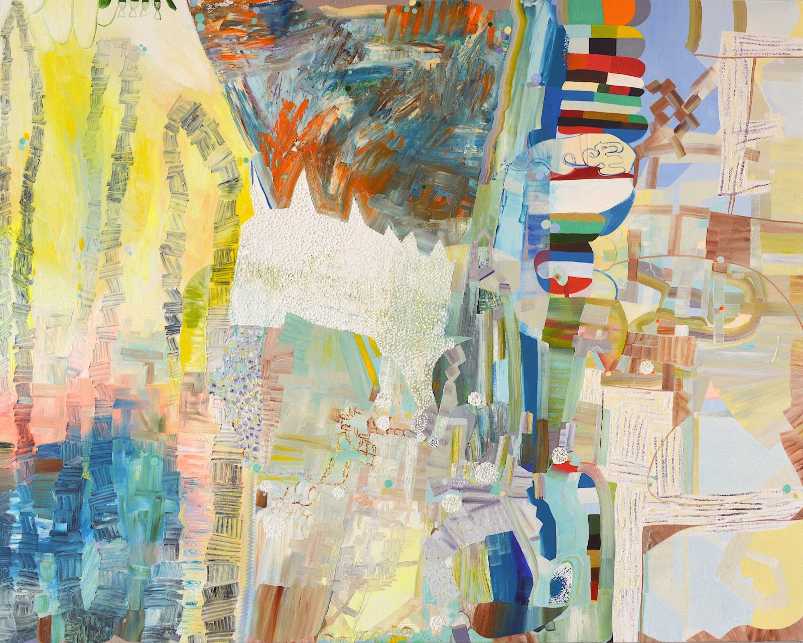 abstract oil painting made up of visible, clean brushstrokes. Most of the colors are muted, but there is. section in the middle right of smaller, more saturated colors.