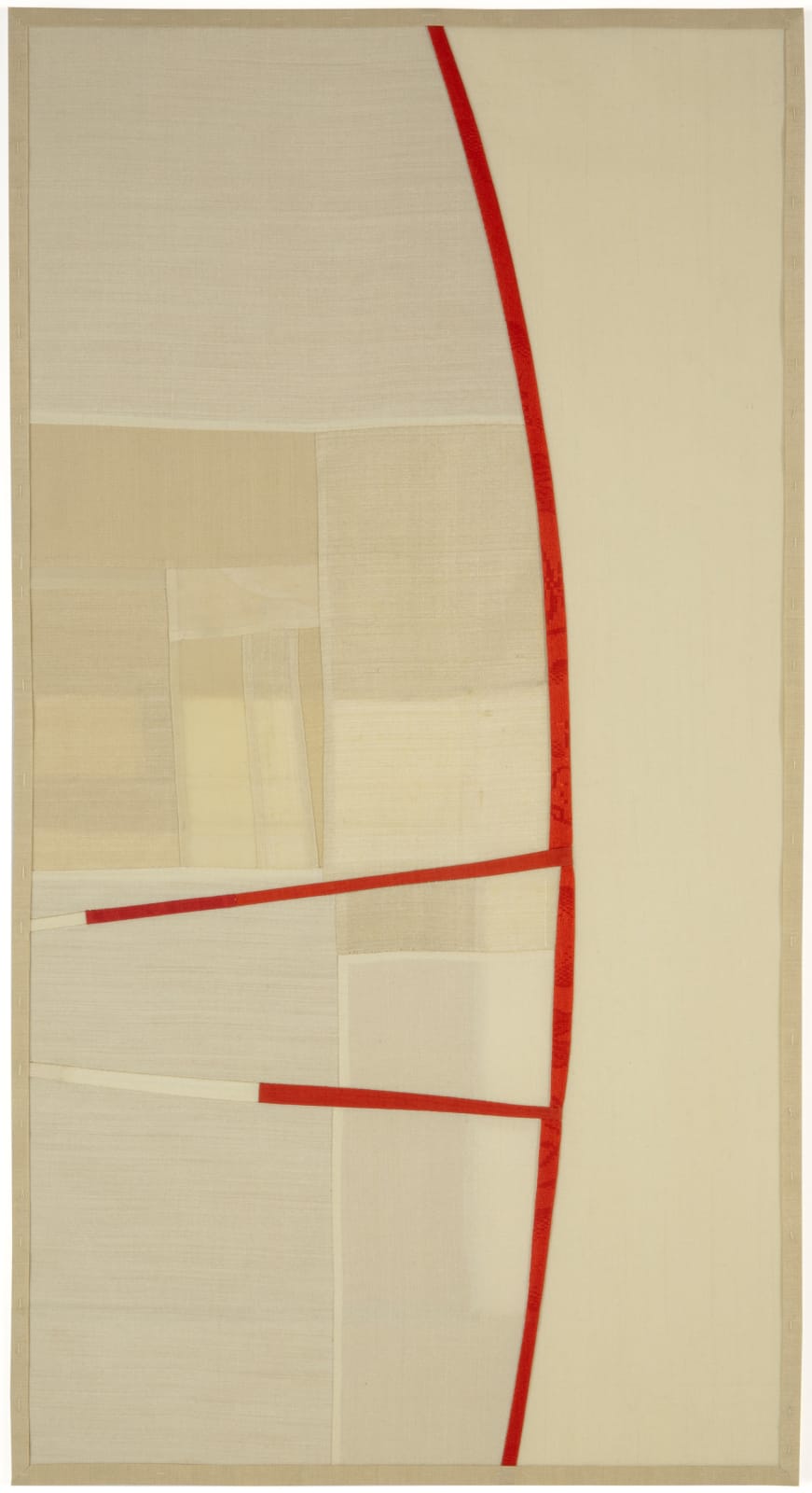 beige silk collage with thin red abstract lines