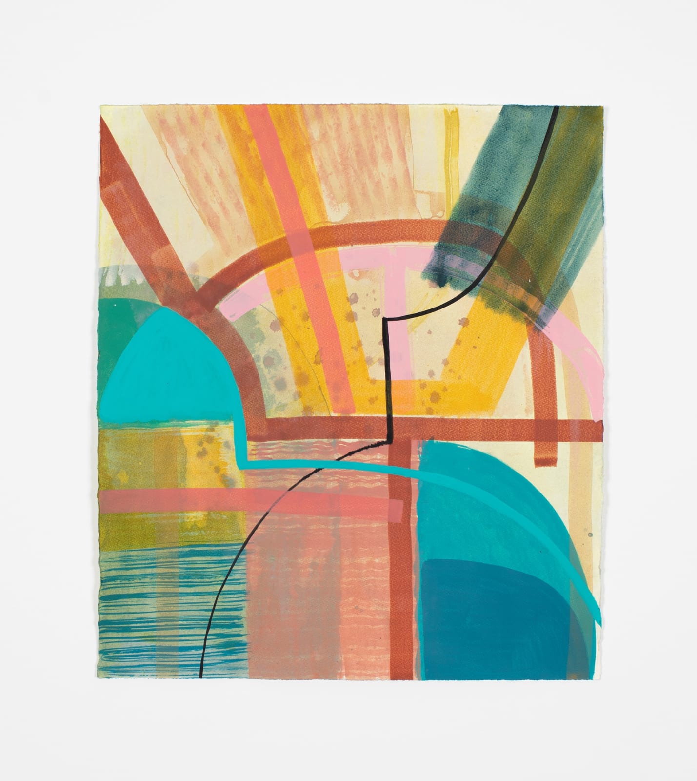 abstract painting of blocky shapes, in white, yellow, red, and cyan colors.