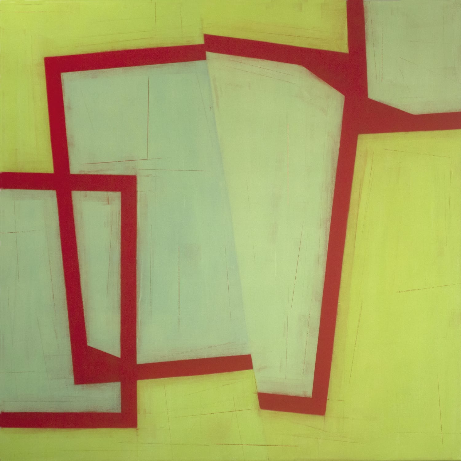 Abstract green paintings with red lines