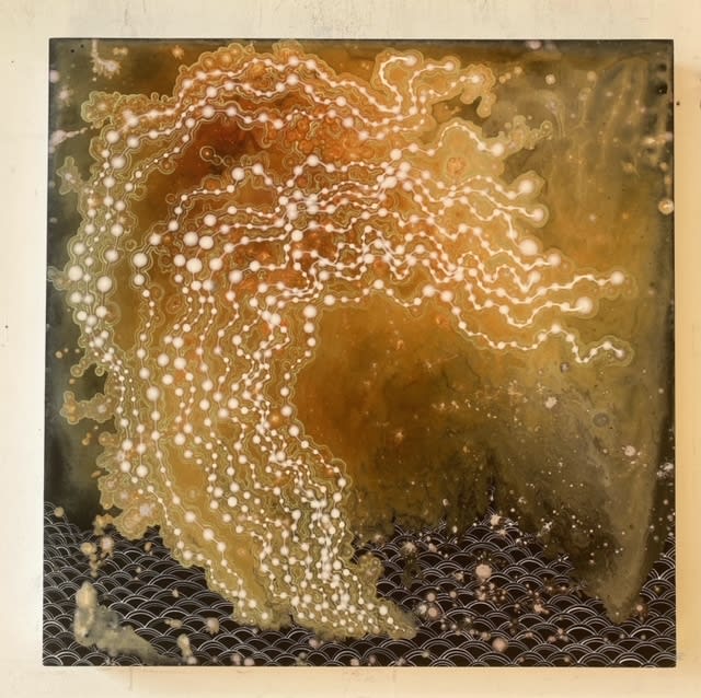 Abstract painting with dots in warm tones