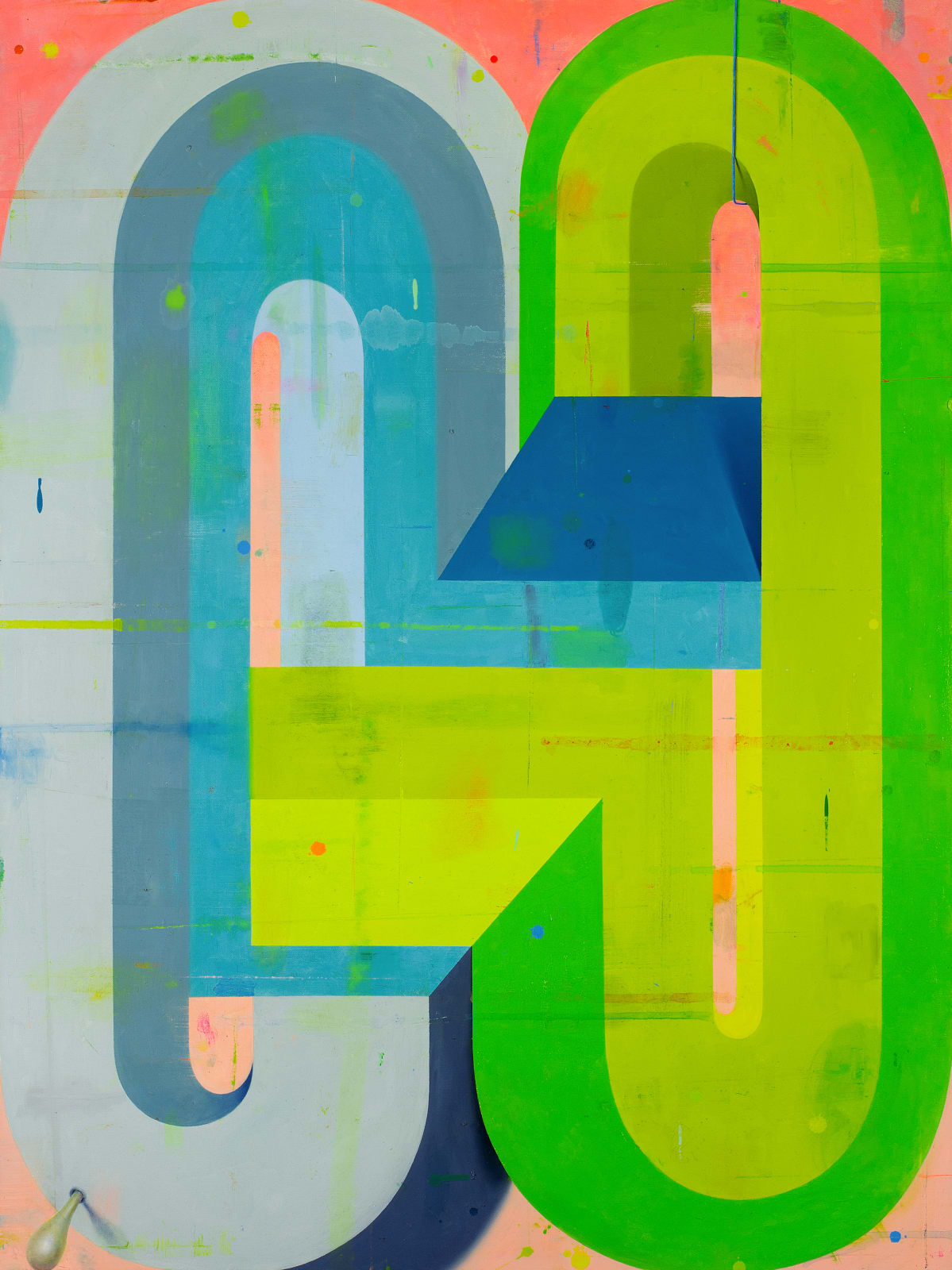 Bright blue, green and pink geometric painting