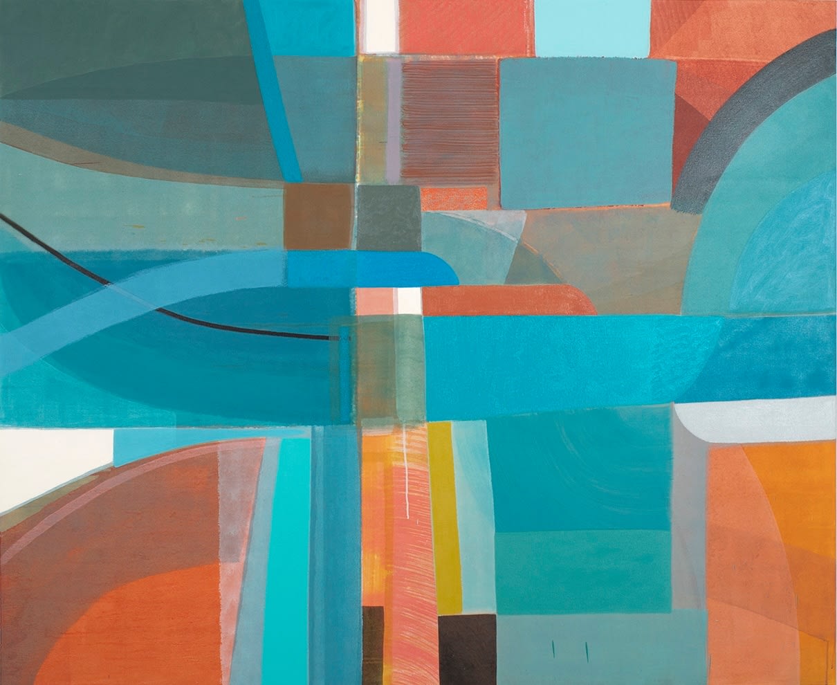 abstract painting of cyan and orange blocky shapes over lapping one another