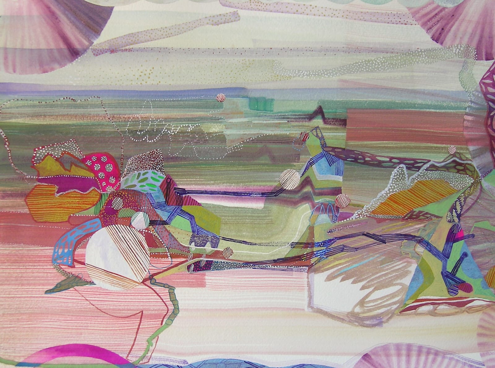 Abstract painting which resembles a landscape, with a beach in the foreground, receding into flat green plains and a grey sky. There are purple fan like shapes protruding into the borders.