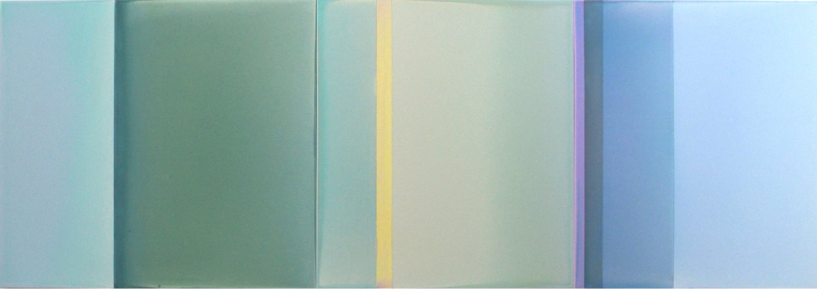 long horizontal abstract painting with vertical blue green and yellow stripes