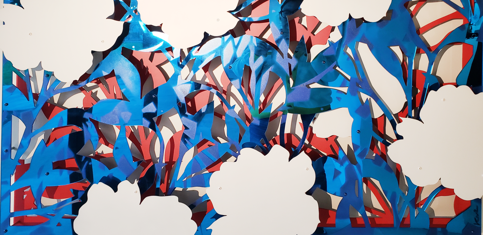 Michael Kalish, Floral Abstract Mirror Blue on Red