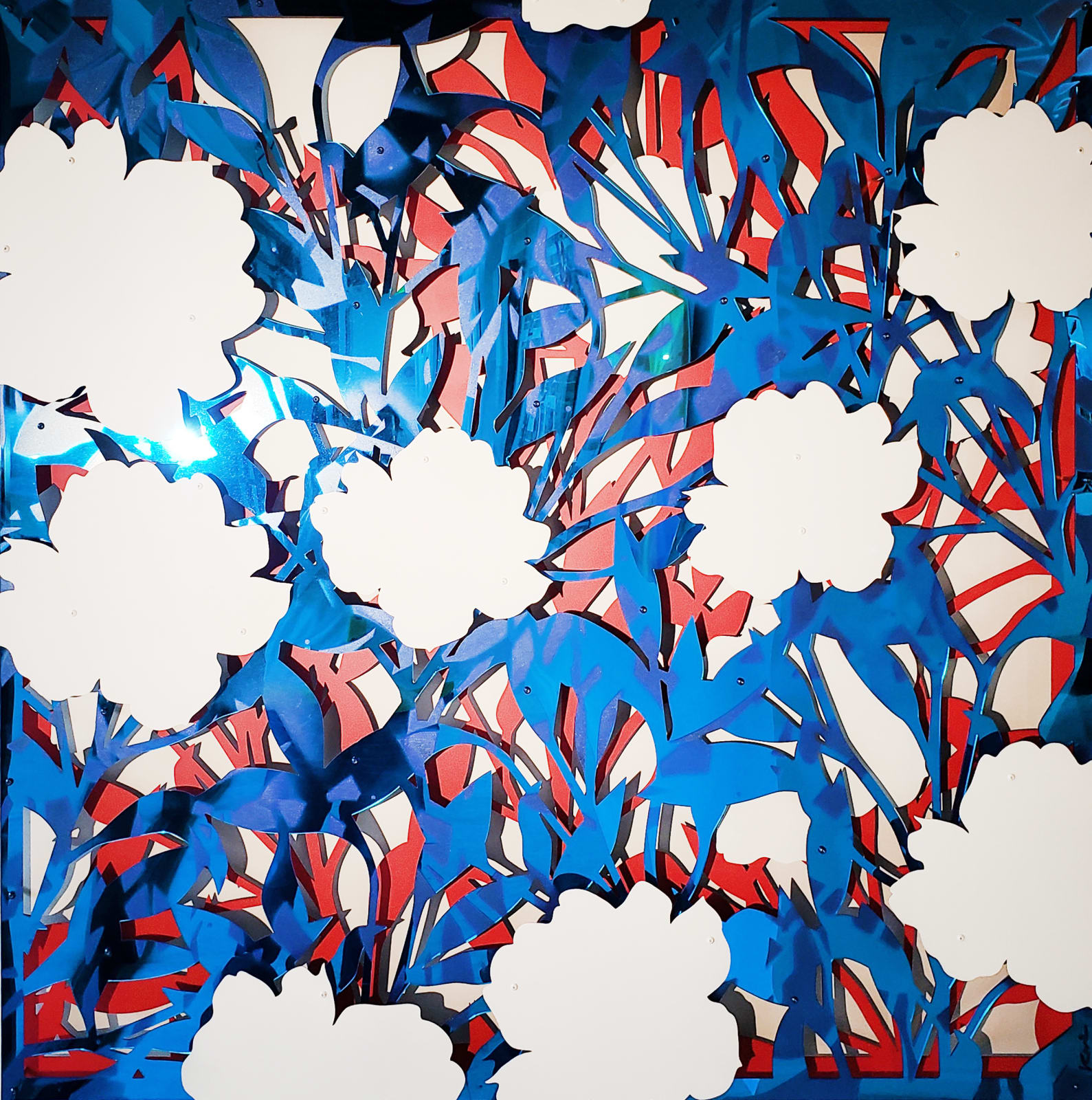 Michael Kalish, Floral Abstract Mirror Blue on Red