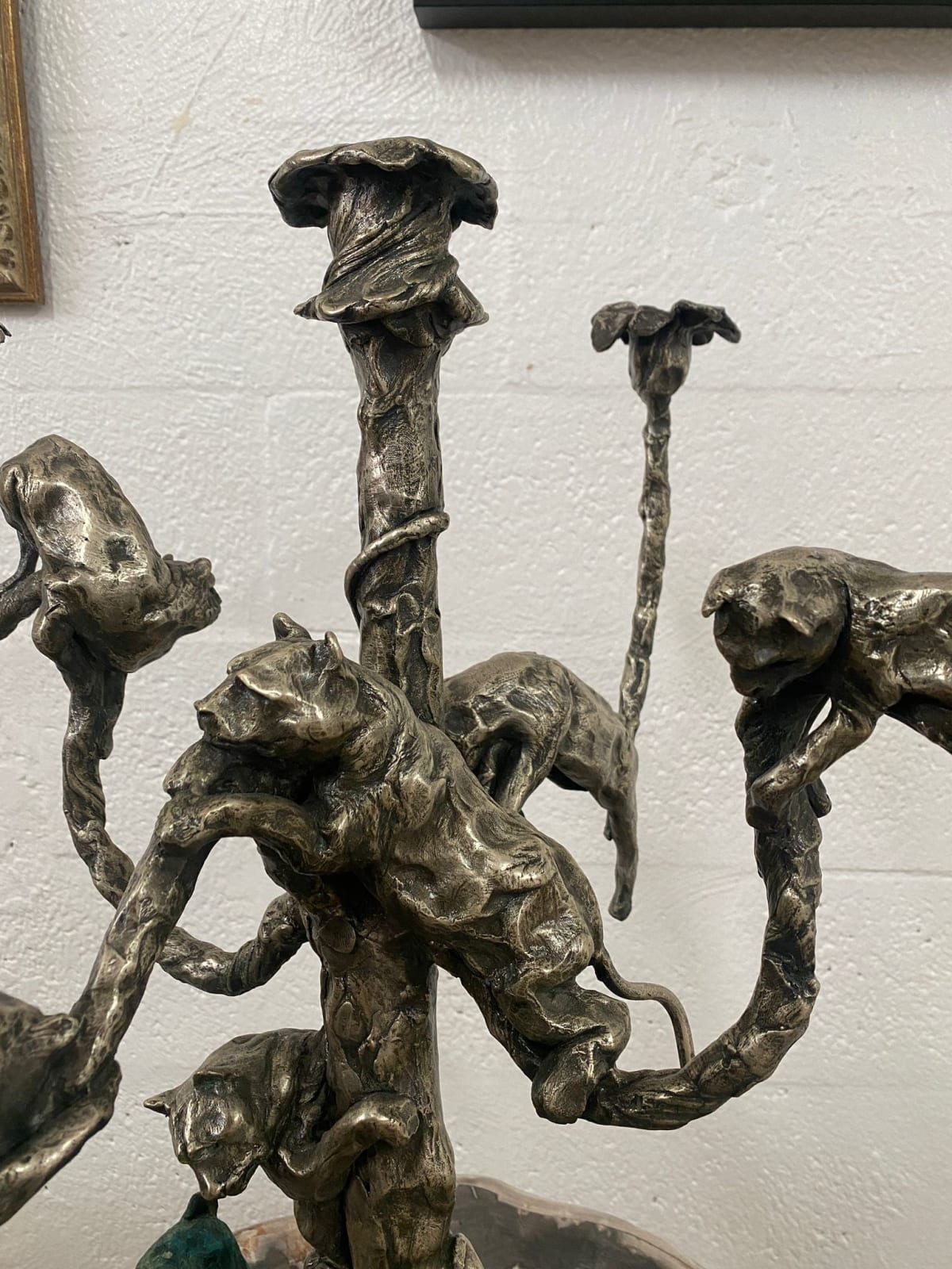 Jose-Maria David, Pair of French silver plated bronze five light candelabra with panthers