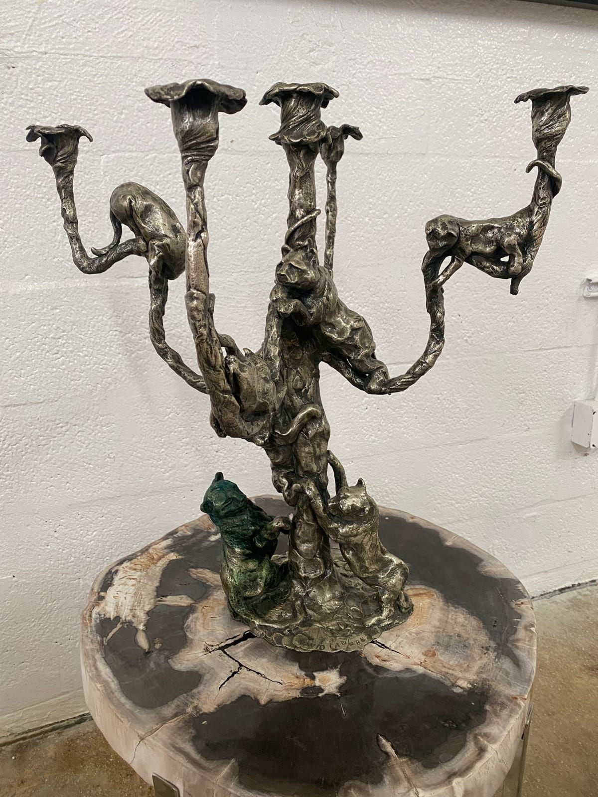 Jose-Maria David, Pair of French silver plated bronze five light candelabra with panthers