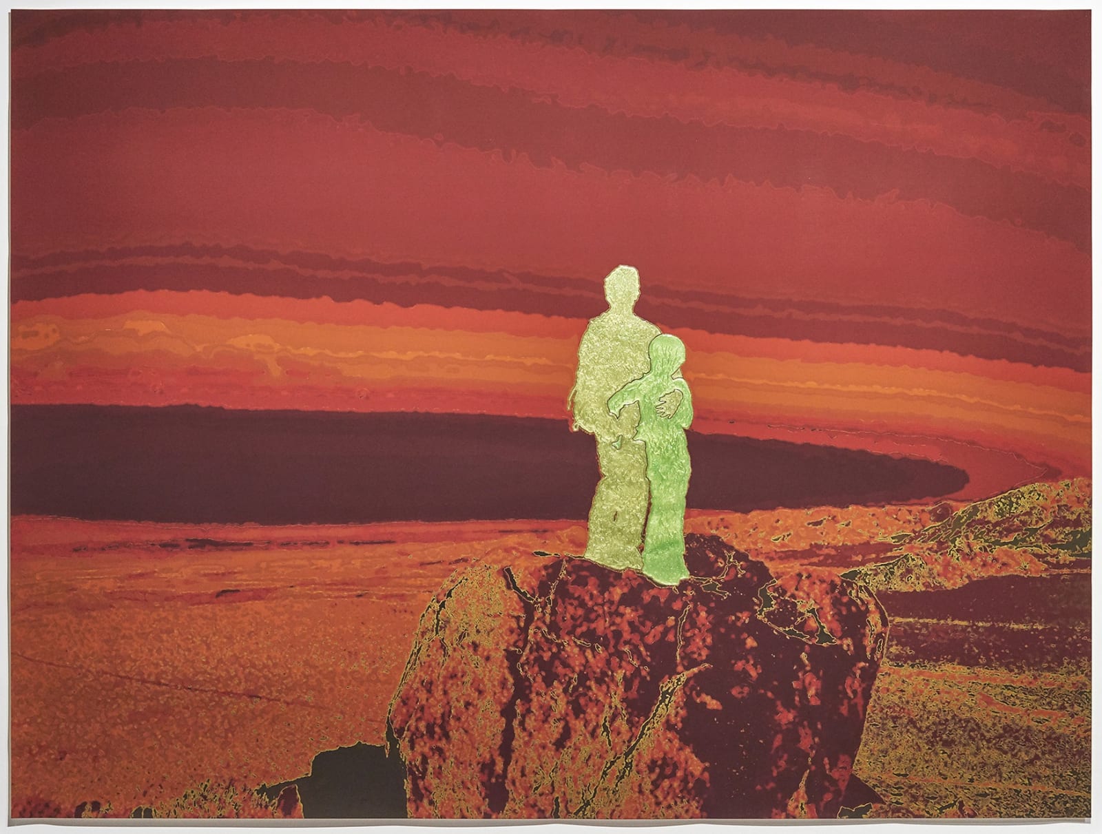 John Brinton Hogan, Father and Son at Summit of Piedras Grandes, Anza Borrego Desert State Park, California, March 2010 (maroon, blood, and Titian reds, burnt orange, and chartreuse with green pearl glitter blisters), 2019