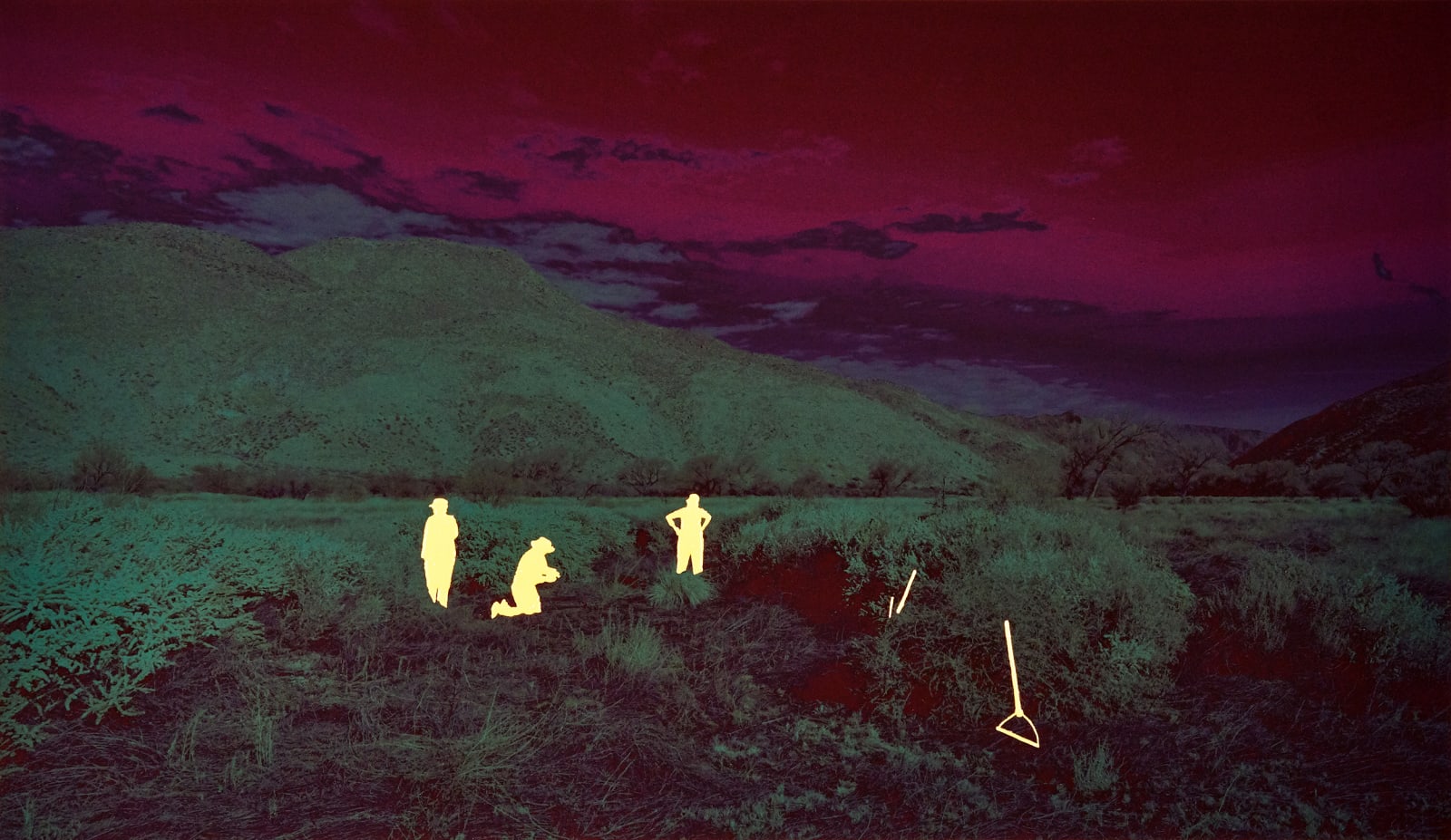 John Brinton Hogan, Botanist and Volunteers Identifying Invasive Species, Anza Borrego Desert State Park, California, February, 2015 (wine red, purple, and teal with yellow glitter blister, 2018