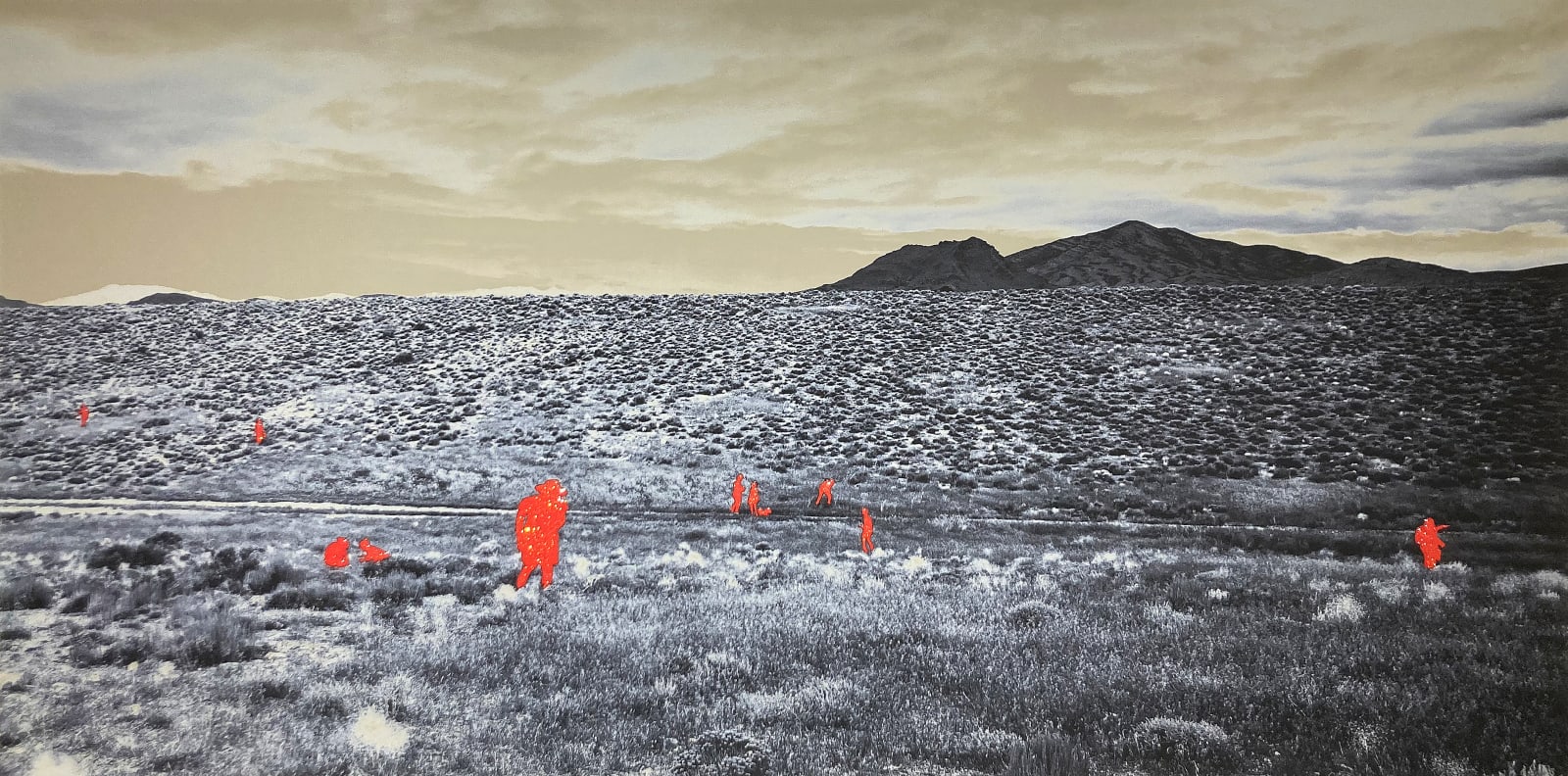 John Brinton Hogan, A Group of Artists and Academics at the OXCART Crash Site, near Wendover, Utah, August 2012 (Black, White, Grey and Tan with Red Glitter Blisters), 2018