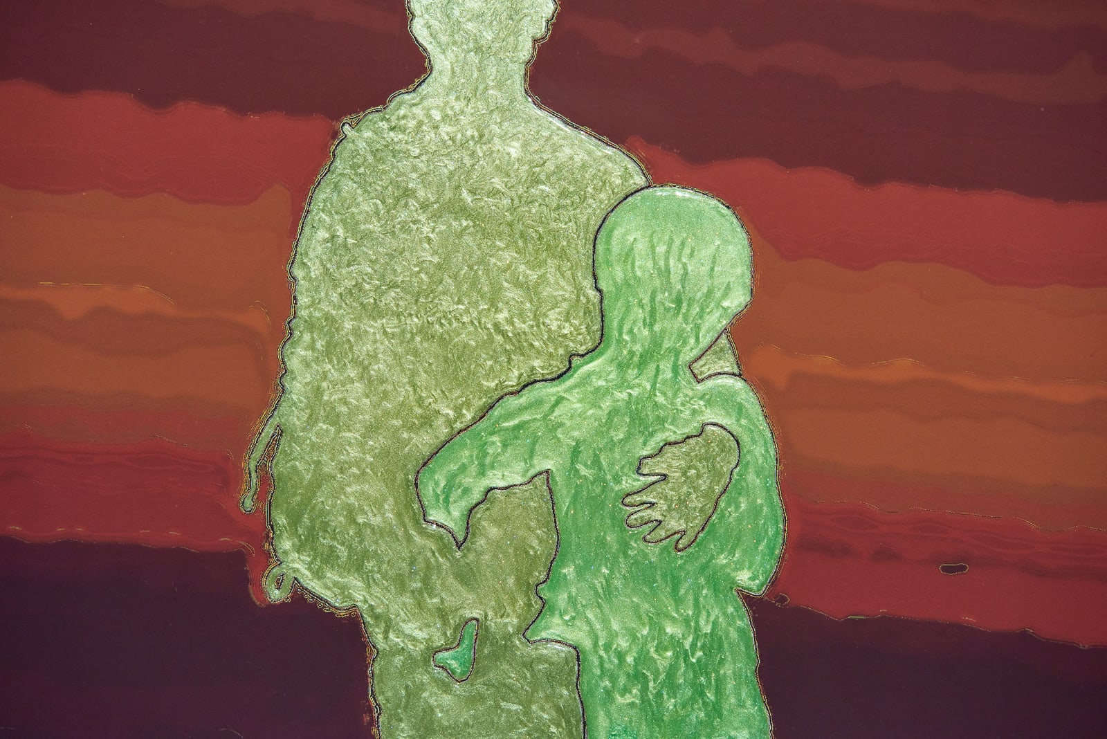 John Brinton Hogan, Father and Son at Summit of Piedras Grandes, Anza Borrego Desert State Park, California, March 2010 (maroon, blood, and Titian reds, burnt orange, and chartreuse with green pearl glitter blisters), 2019