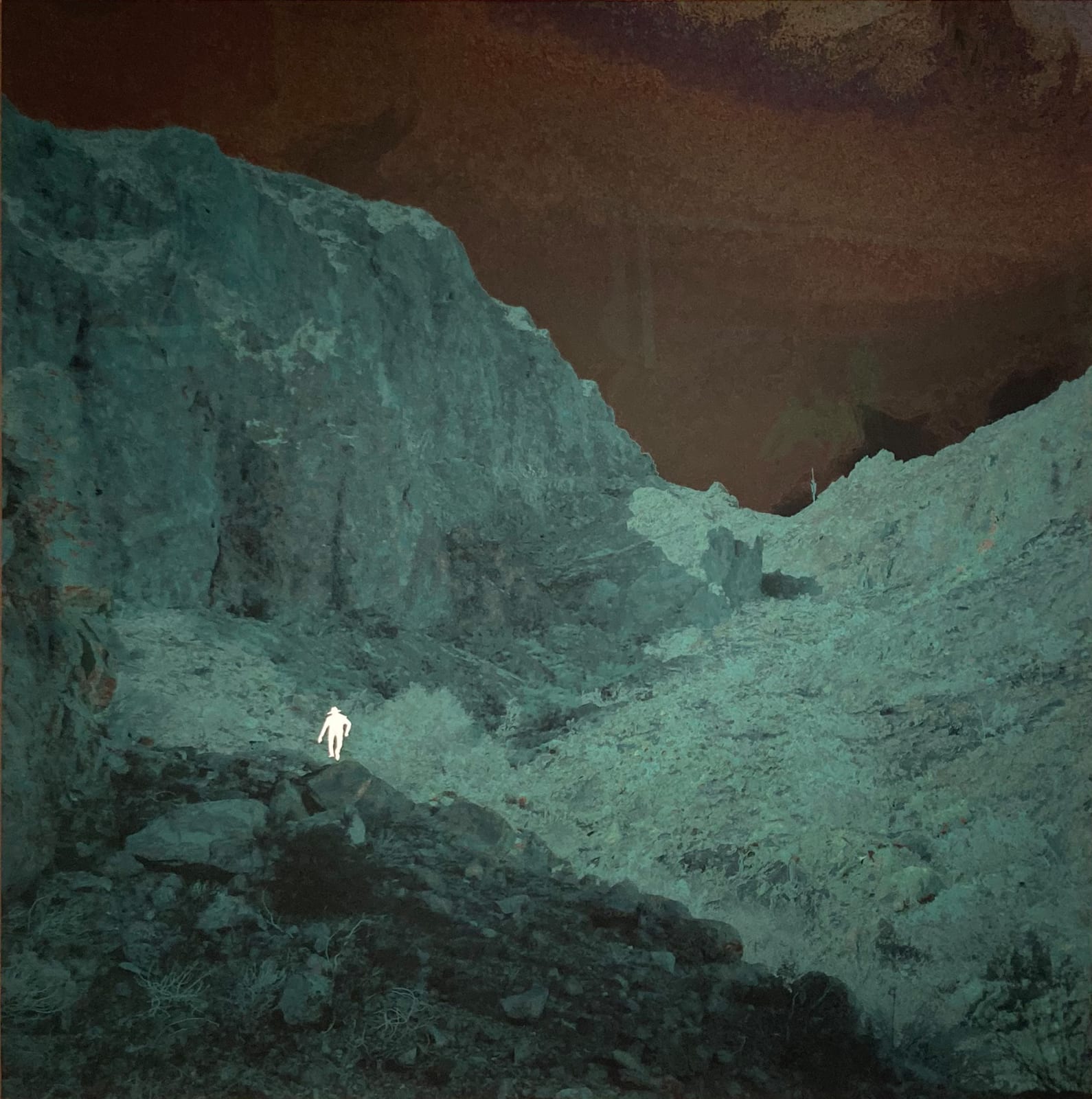 John Brinton Hogan, Climber on the Ascent, Palo Verde Mountains Wilderness Area, near Blythe, California, Autumn, 2013 (Deep Aquamarine and Brown with White Glitter Crust), 2019