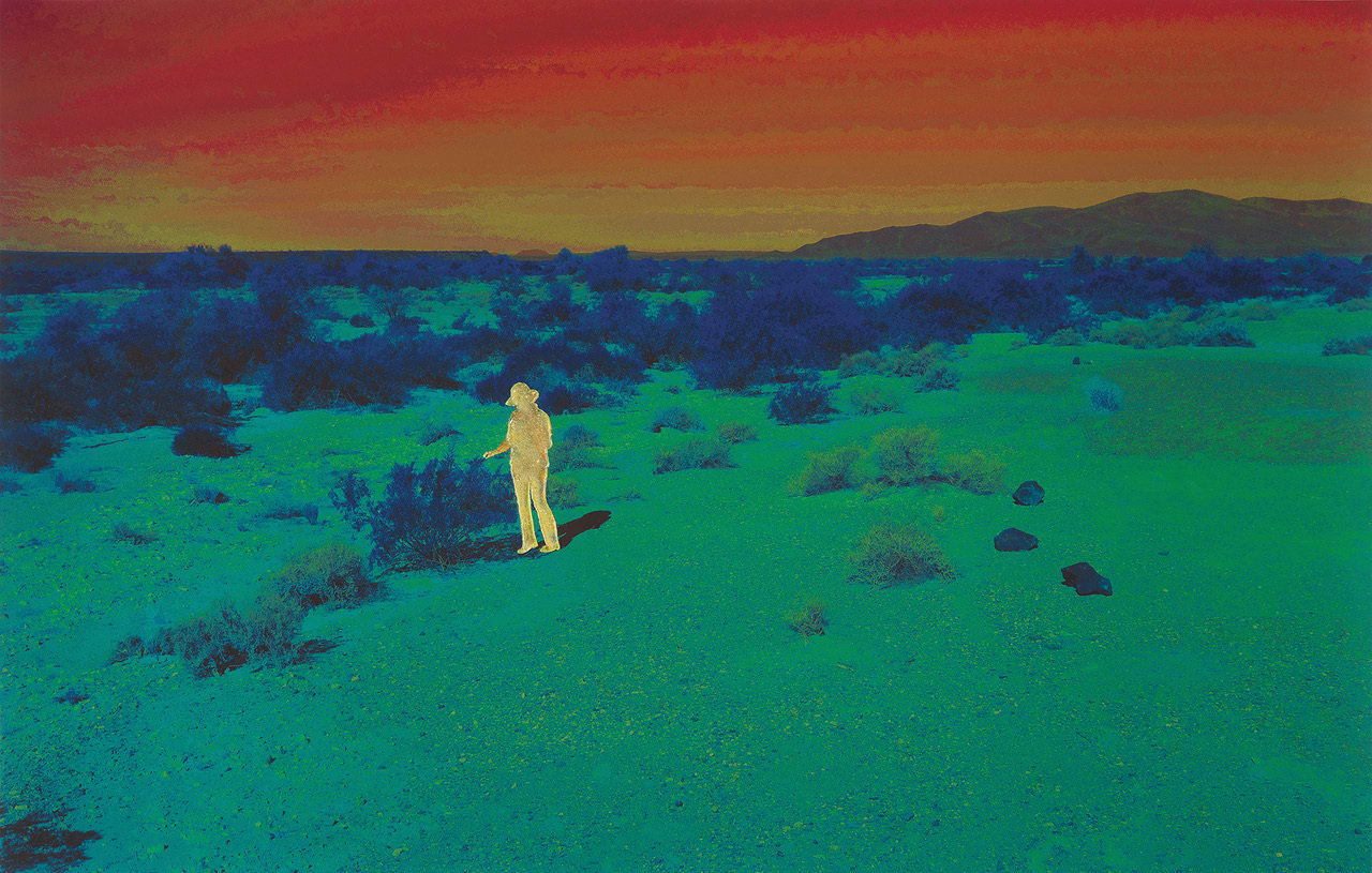 John Brinton Hogan, Artist Harvesting Native Plant Seeds, Painted Rock Petroglyph Site, near Gila Bend, Arizona, April, 2016 (Rainbow with Variegated Gold Leaf and Glitter Blister), 2018