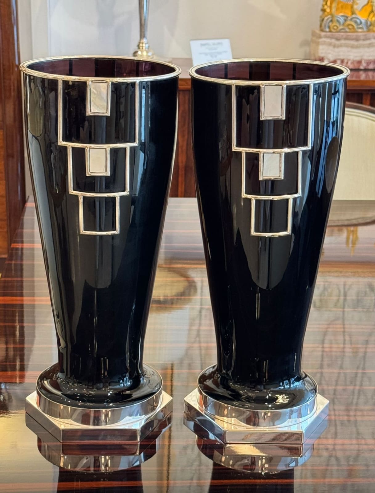 TRAVAIL ART DÉCO, Pair of Art Deco Black Glass Vases, 1950