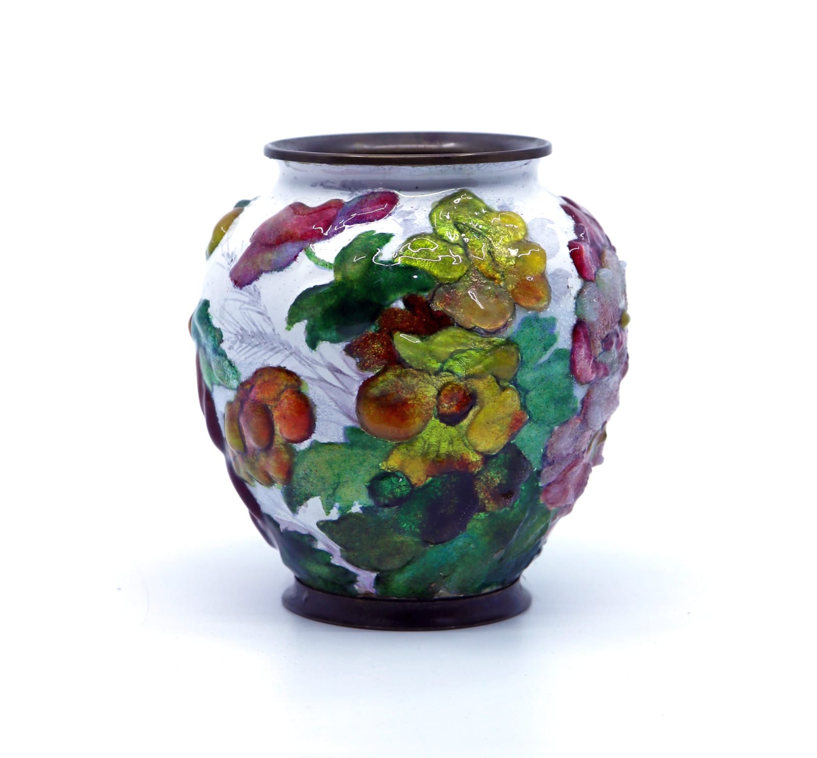Camille Faure, Art Deco Enamel Floral Vase, 1935