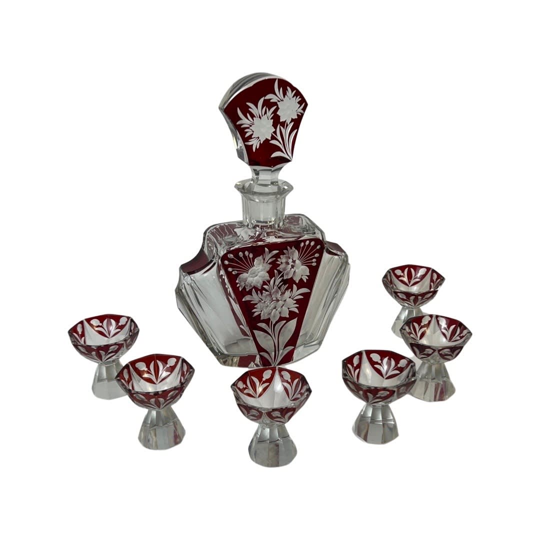TRAVAIL ART DÉCO, Art Deco Bohemian Glass Decanter Set, 1930