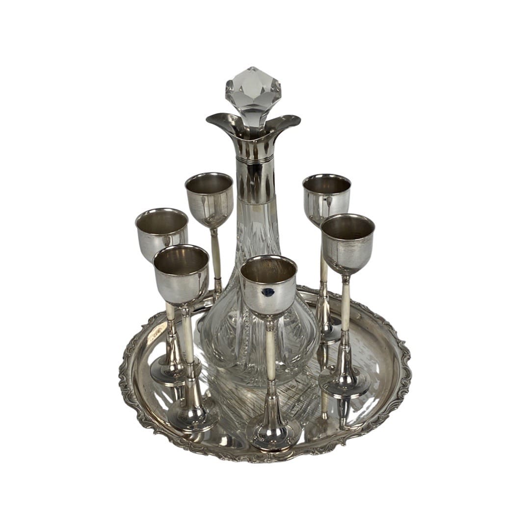 TRAVAIL ART DÉCO, Silver Plated and Glass Decanter Set, circa 1905