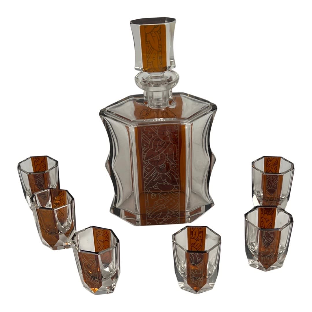 TRAVAIL ART DÉCO, Art Deco Bohemian Glass Decanter Set, 1930
