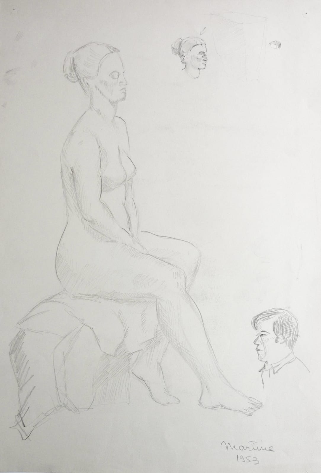 Martine Martine, Nu féminin assis et esquisses de têtes, 1953