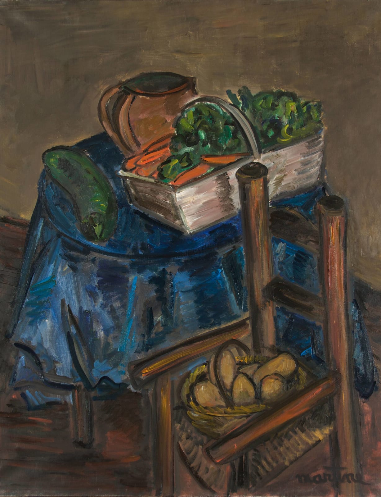 Martine Martine, Panier de carottes sur nappe bleue, 1975