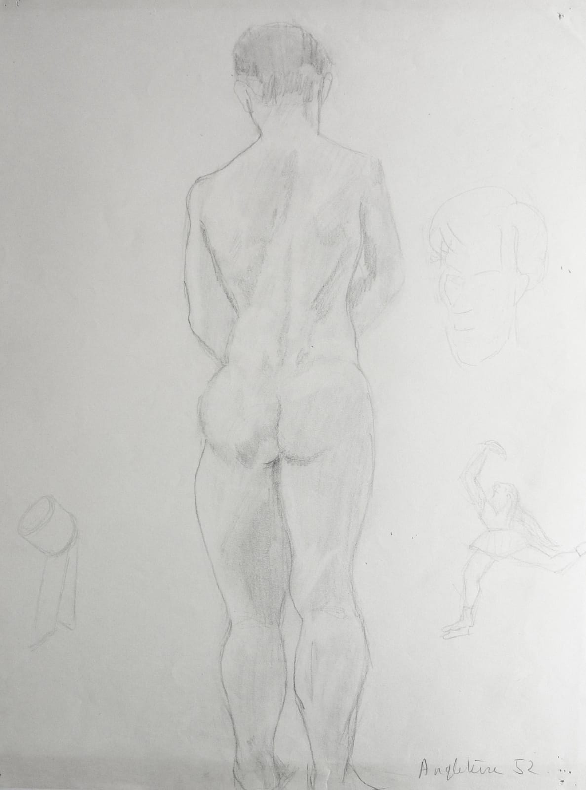 Martine Martine, Nu masculin debout de dos et esquisse de patineuse, 1952