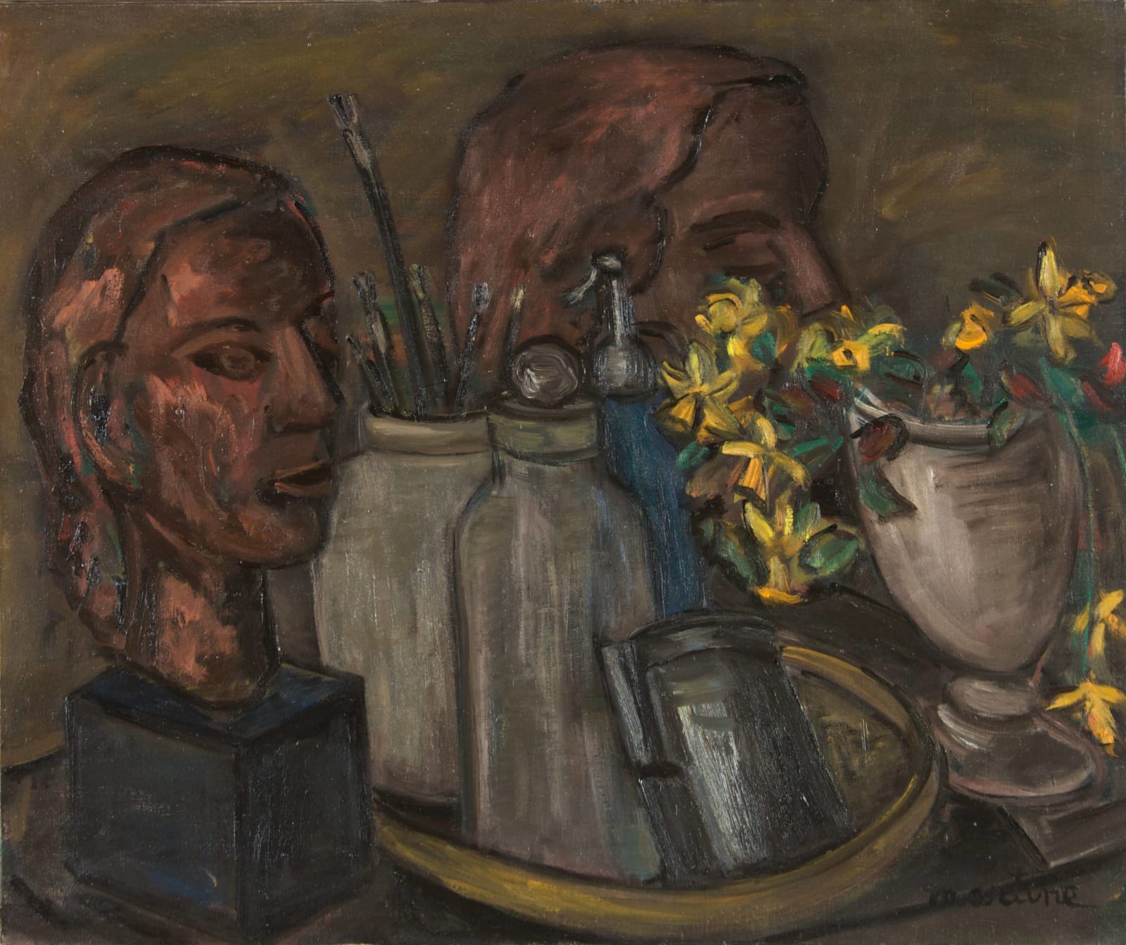 Martine Martine, Nature morte aux fleurs et aux sculptures, 1974