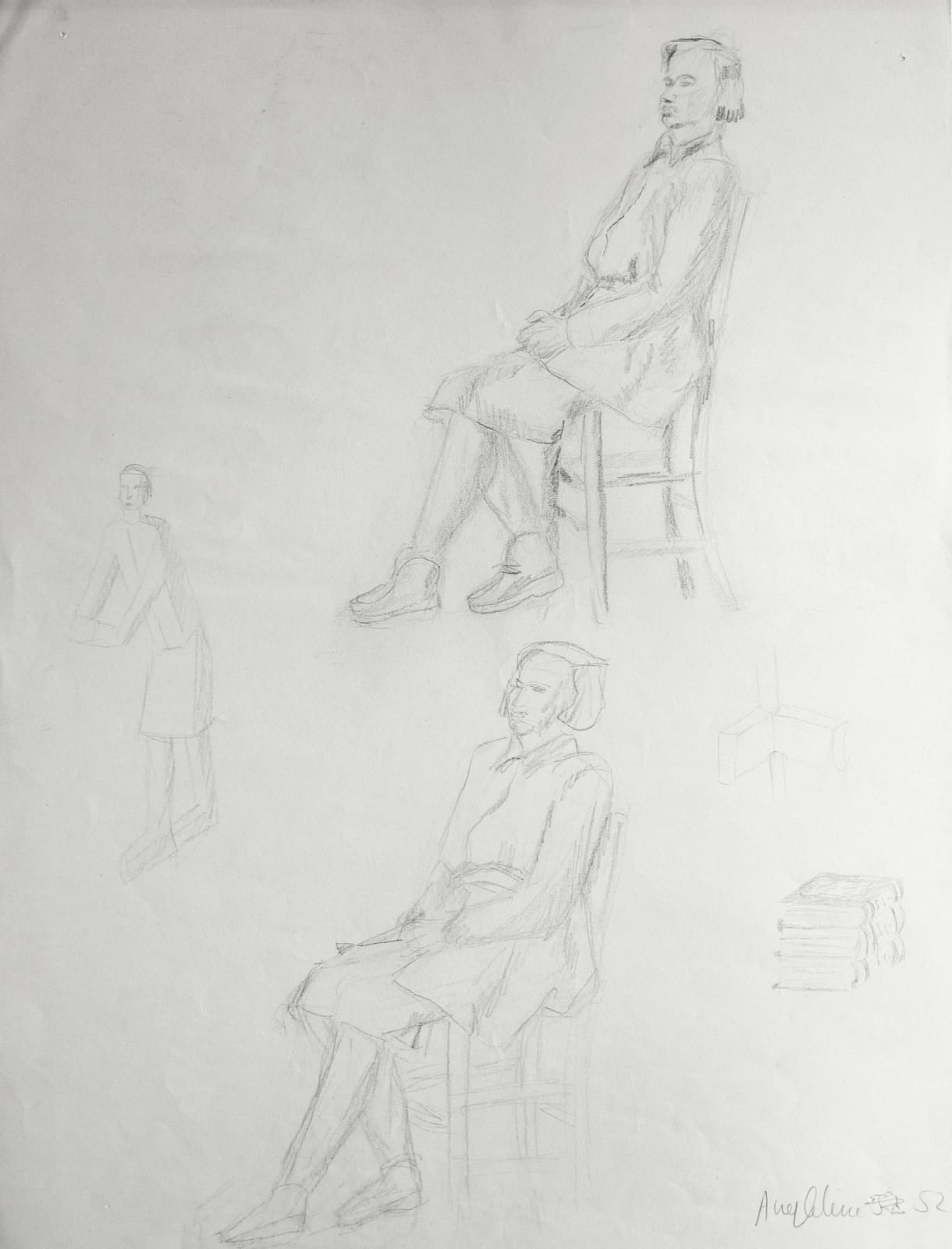 Martine Martine, Croquis de femmes assises et livres, 1952