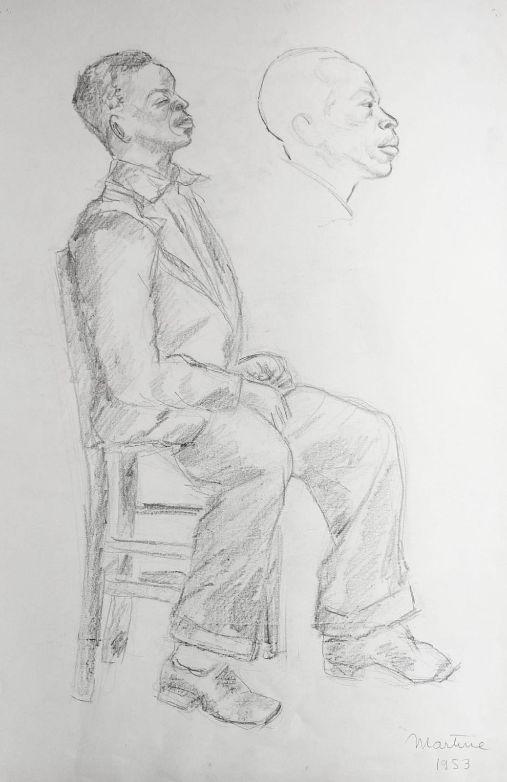 Martine Martine, Homme assis sur une chaise et étude de tête d'homme, 1953