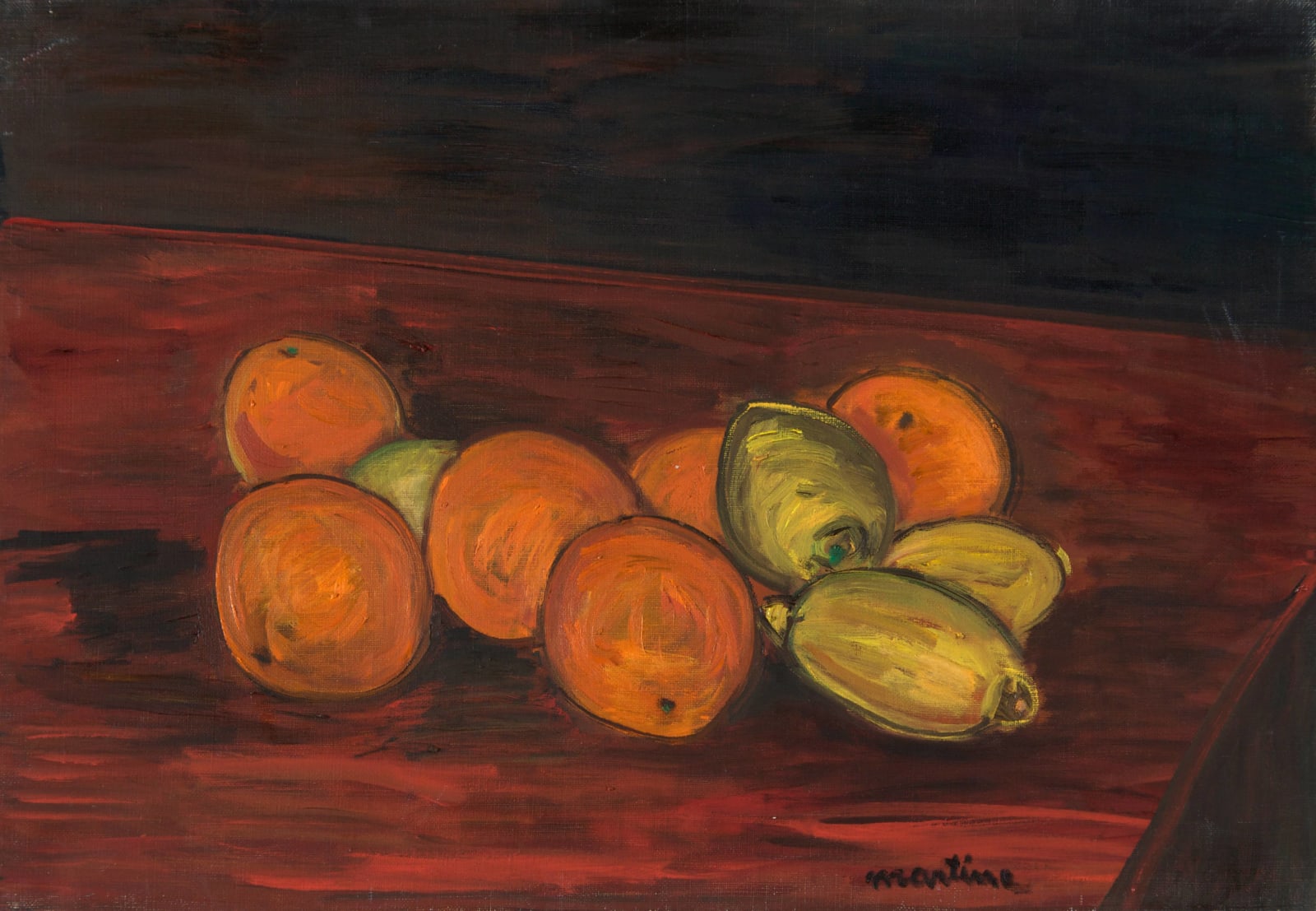 Martine Martine, Oranges et Citrons sur table rouge, 1972