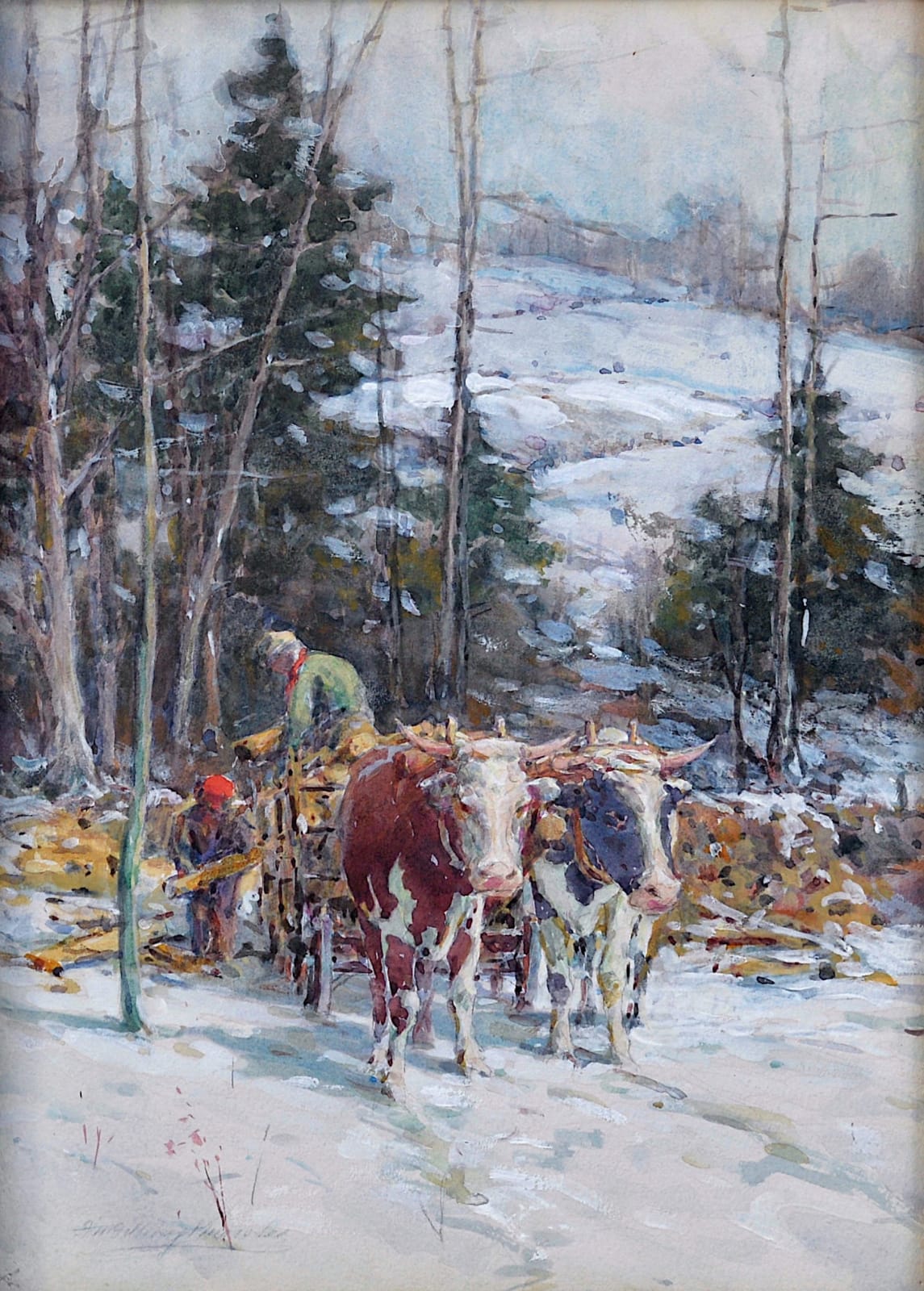 Farquhar McGillivray Knowles, Ox Cart and Men Loading Firewood, c. 1910