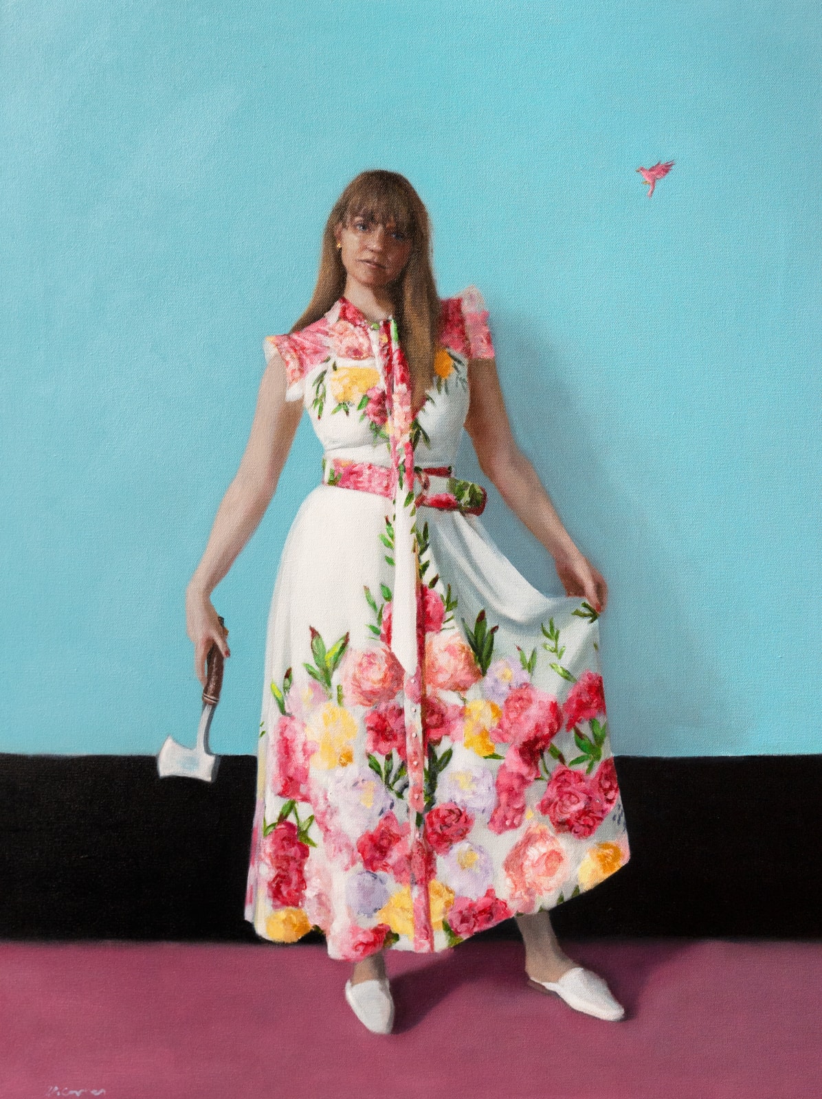 Michael Corner, Woman in a Flowered Dress with Hatchet and Small Pink Bird