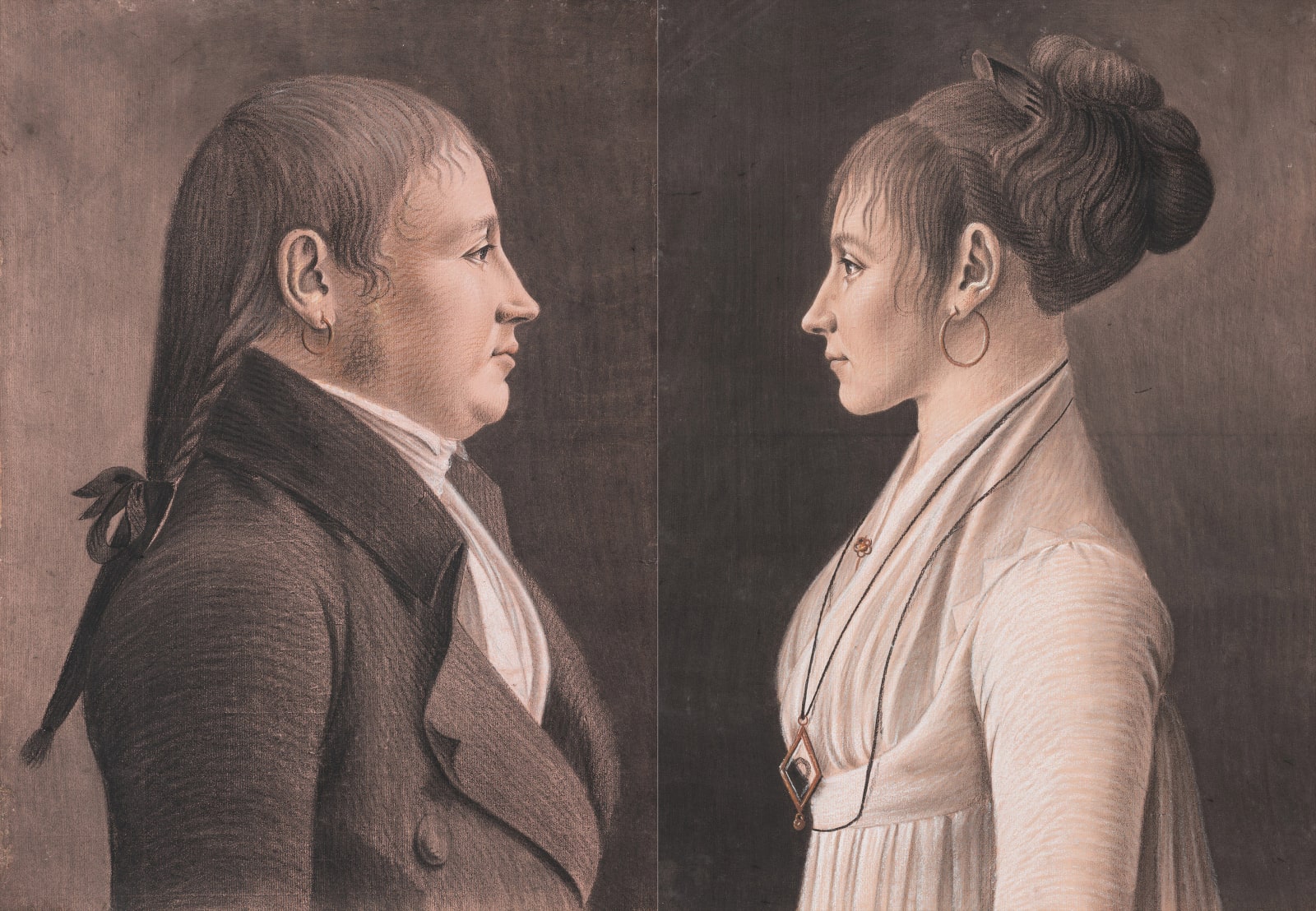 Anonimo francese attivo agli inizio del XIX secolo, Sei ritratti per un matromonio. Hubert Nicolas Cochet (1773-1834) and Marie Catherine Victoire Mercier (1785-1853), gli sposi, i genitori dello sposo, i testimoni di nozze. Nesle (FR), giugno, 1803