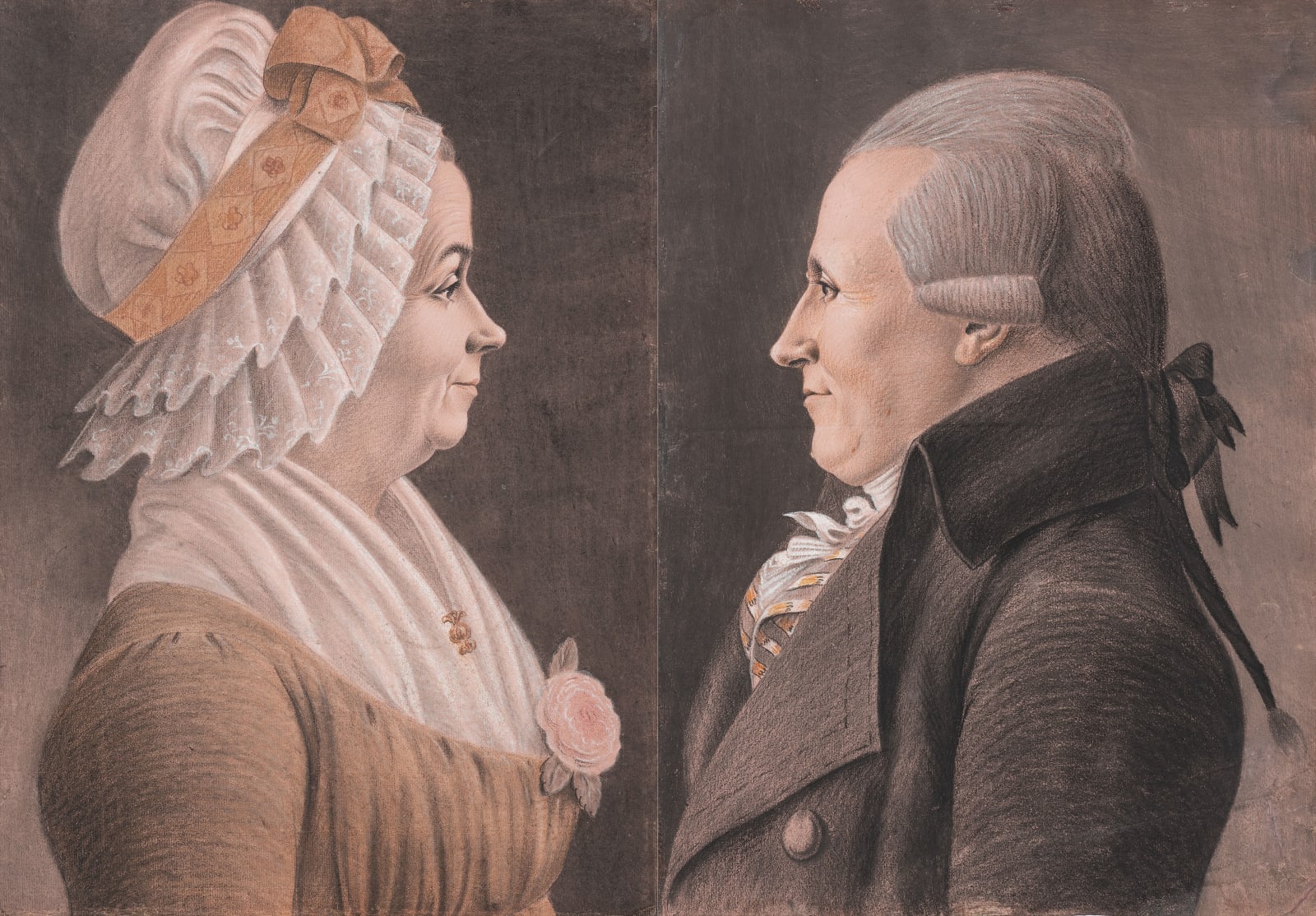 Anonimo francese attivo agli inizio del XIX secolo, Sei ritratti per un matromonio. Hubert Nicolas Cochet (1773-1834) and Marie Catherine Victoire Mercier (1785-1853), gli sposi, i genitori dello sposo, i testimoni di nozze. Nesle (FR), giugno, 1803