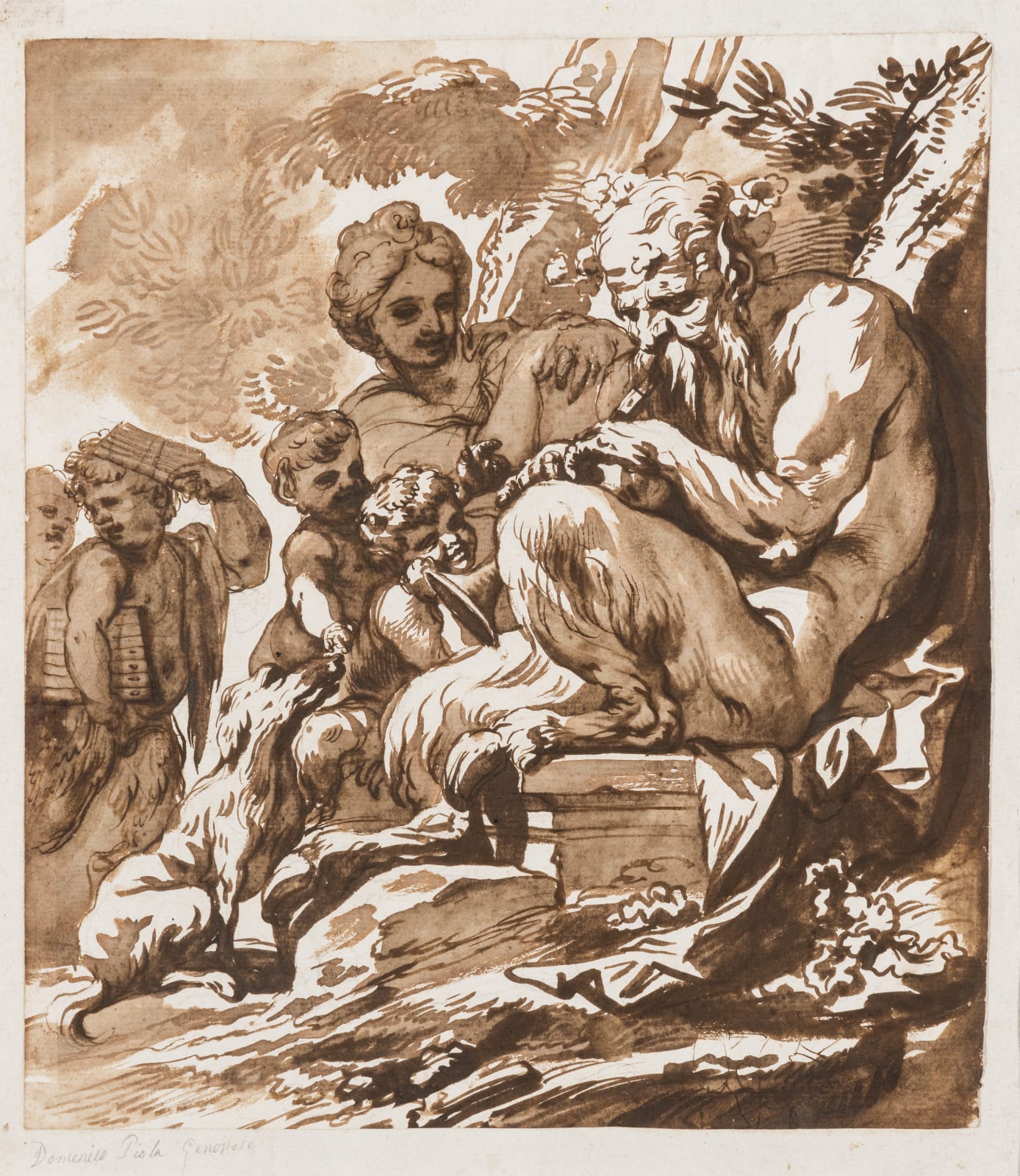 Domenico Piola, Satiro che suona alla presenza di una ninfa e di putti, 1690